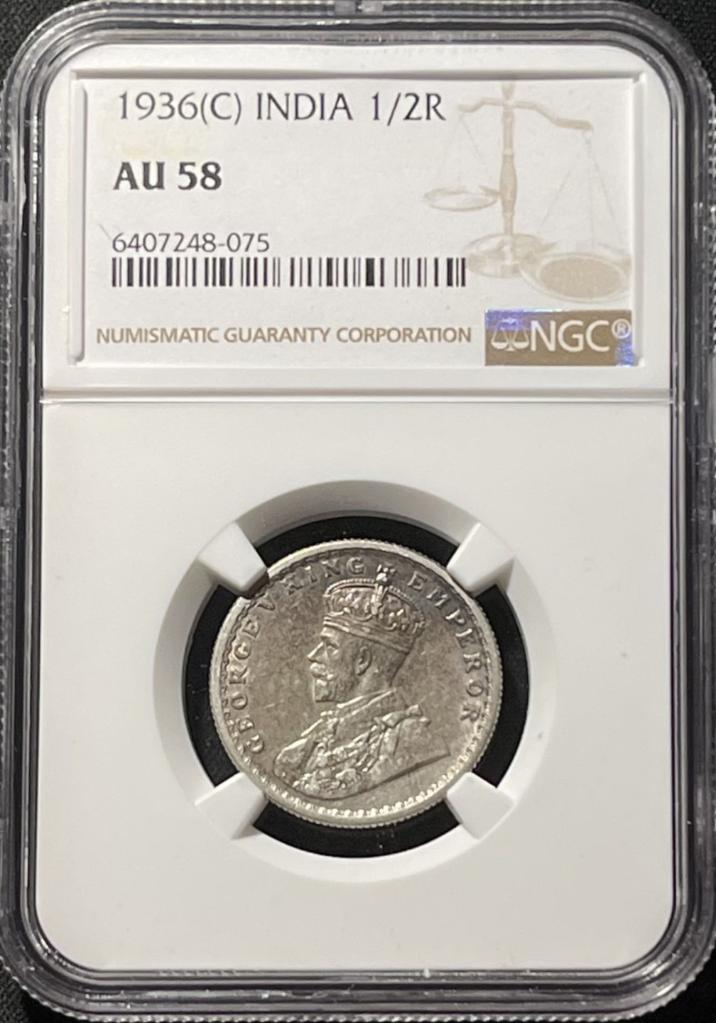 紫瑗钱币——第196期拍卖 英属印度 1936年 C版 乔治五世 1/2卢比 银币 NGC AU58
