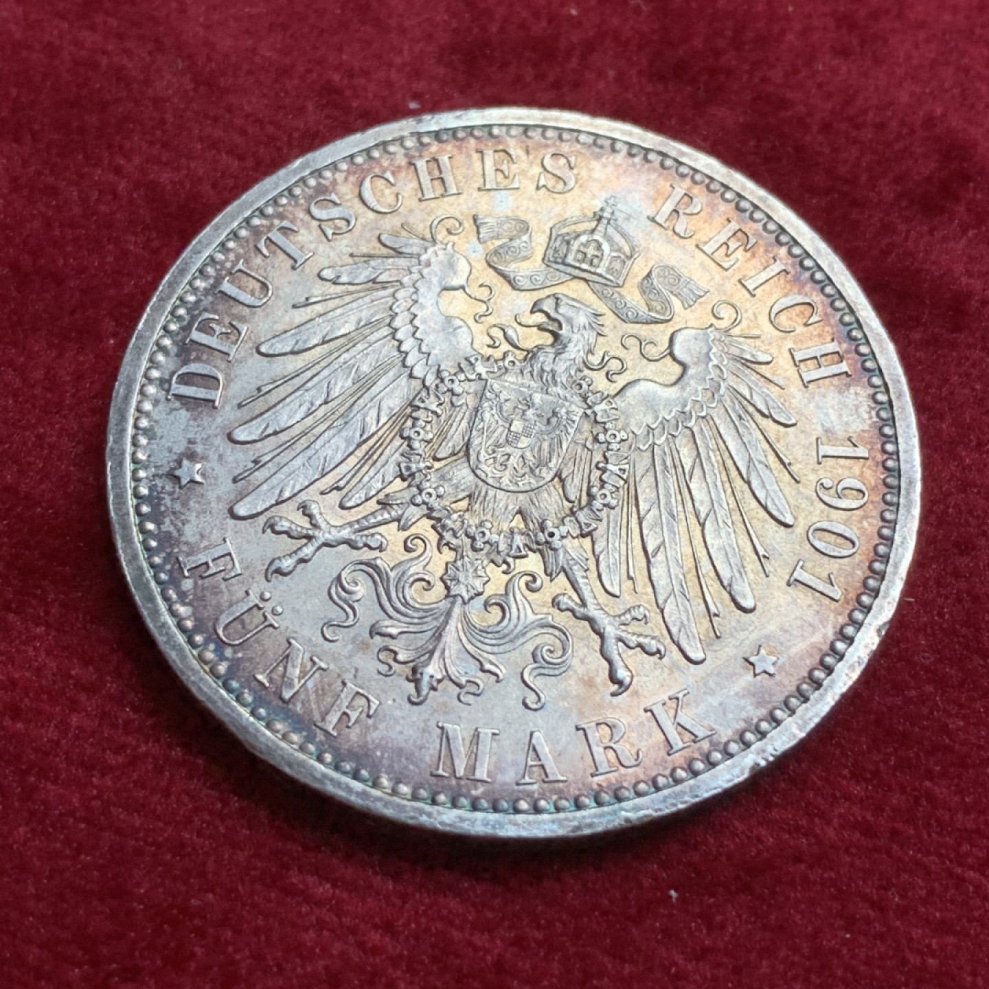 《竞宝斋》第66场-本周日，周一2场连拍（全场不限金额包邮） 1901年德意志第二帝国普鲁士建国200周年5马克，转光，双面彩，热门品种