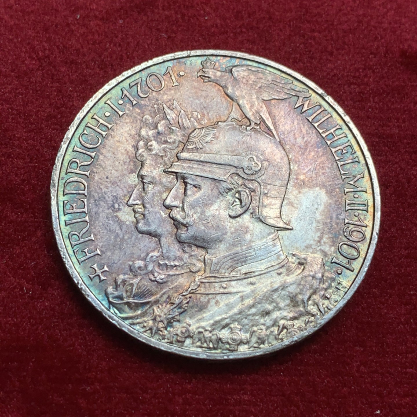 《竞宝斋》第66场-本周日，周一2场连拍（全场不限金额包邮） 1901年德意志第二帝国普鲁士建国200周年5马克，转光，双面彩，热门品种