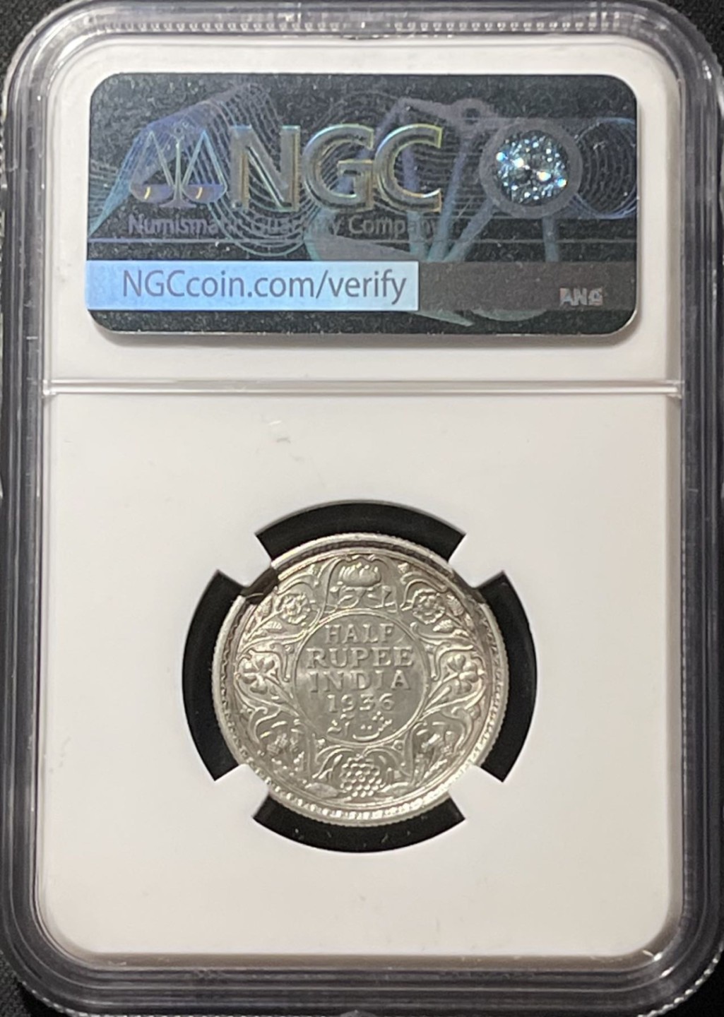 紫瑗钱币——第196期拍卖 英属印度 1936年 C版 乔治五世 1/2卢比 银币 NGC AU58
