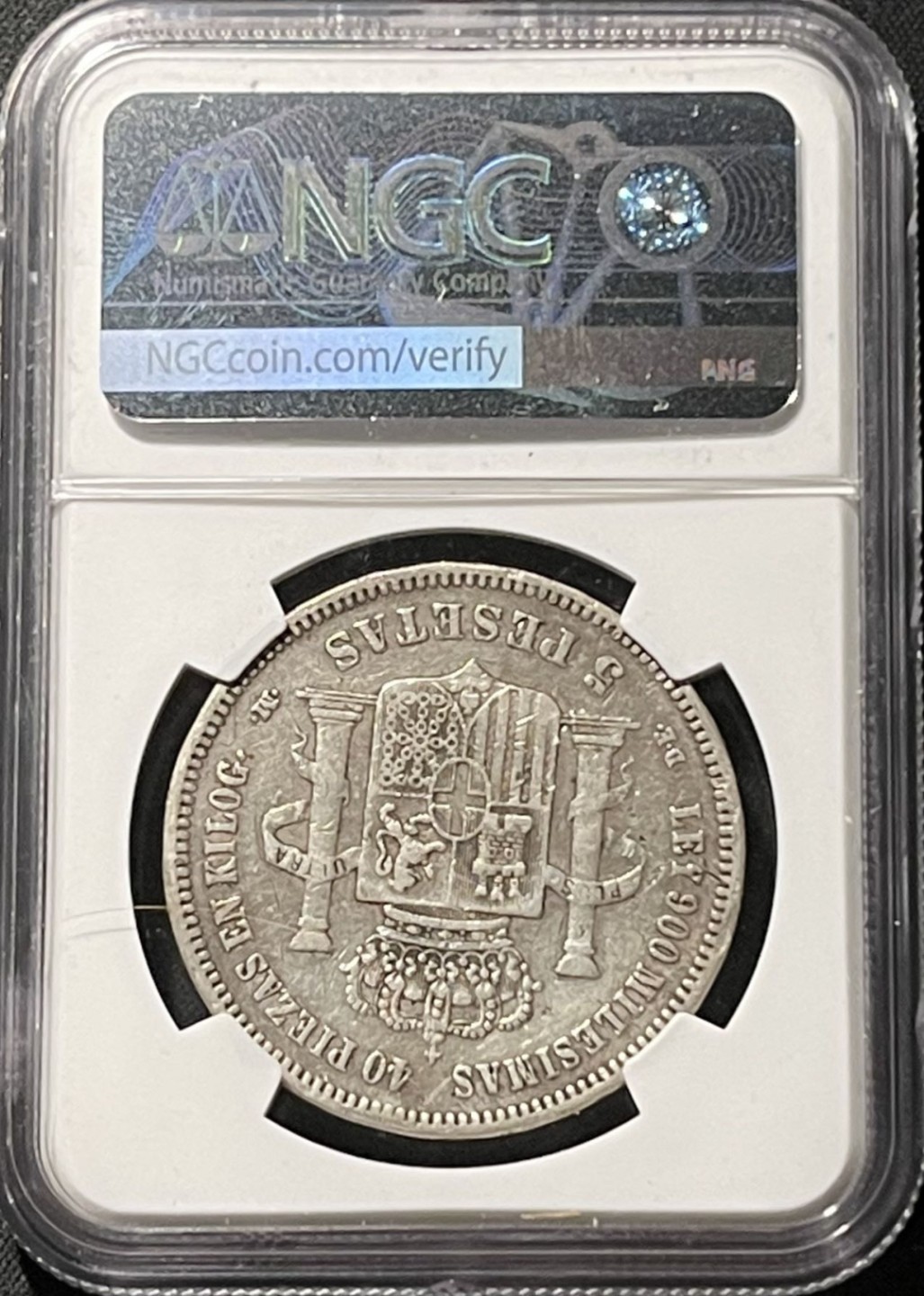 紫瑗钱币——第196期拍卖 西班牙 1871(73)年 阿玛德奥一世 5比塞塔 银币 NGC VF Detail 特年