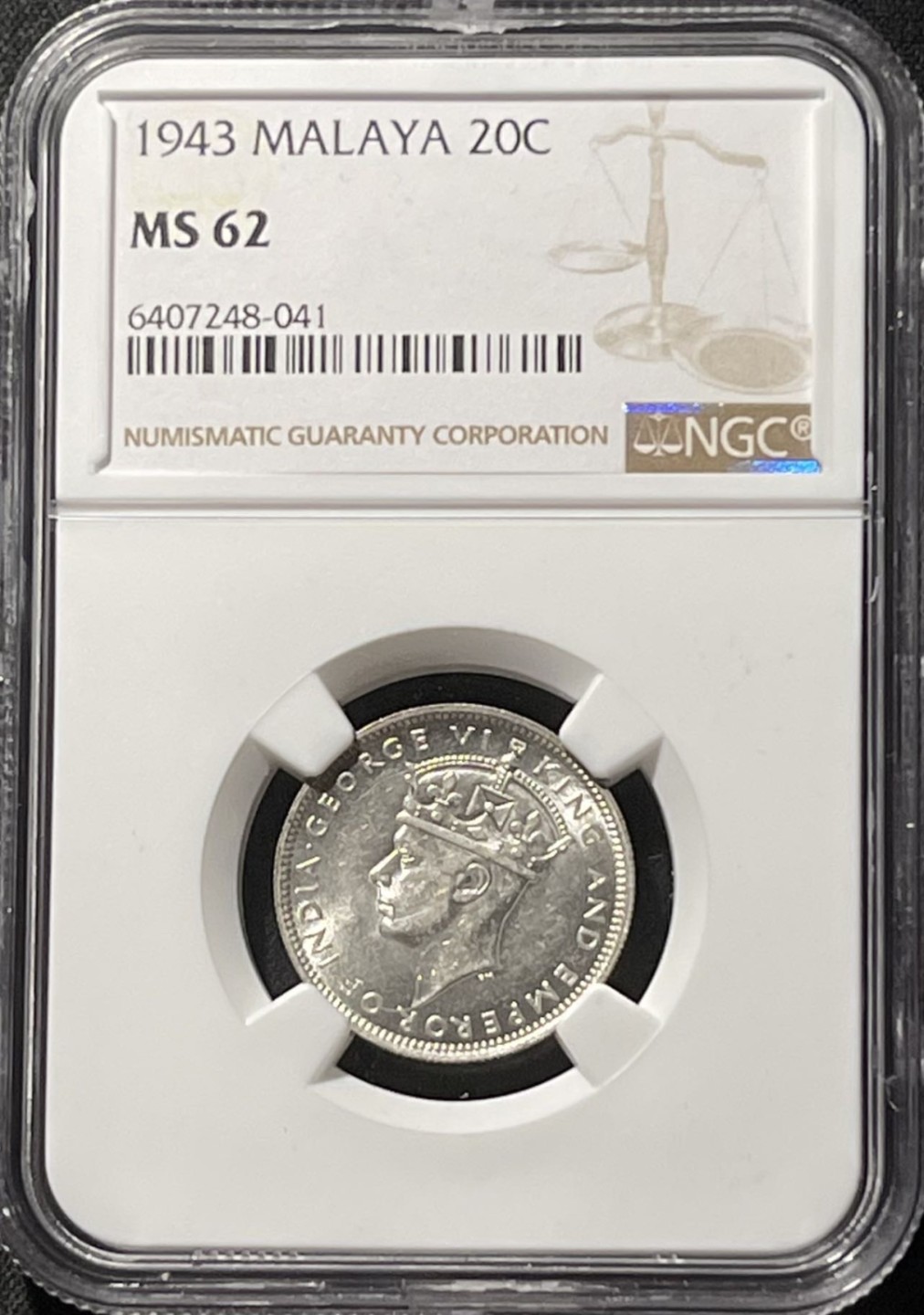紫瑗钱币——第196期拍卖 马来亚 1943年 乔治六世 20分 银币 NGC MS62