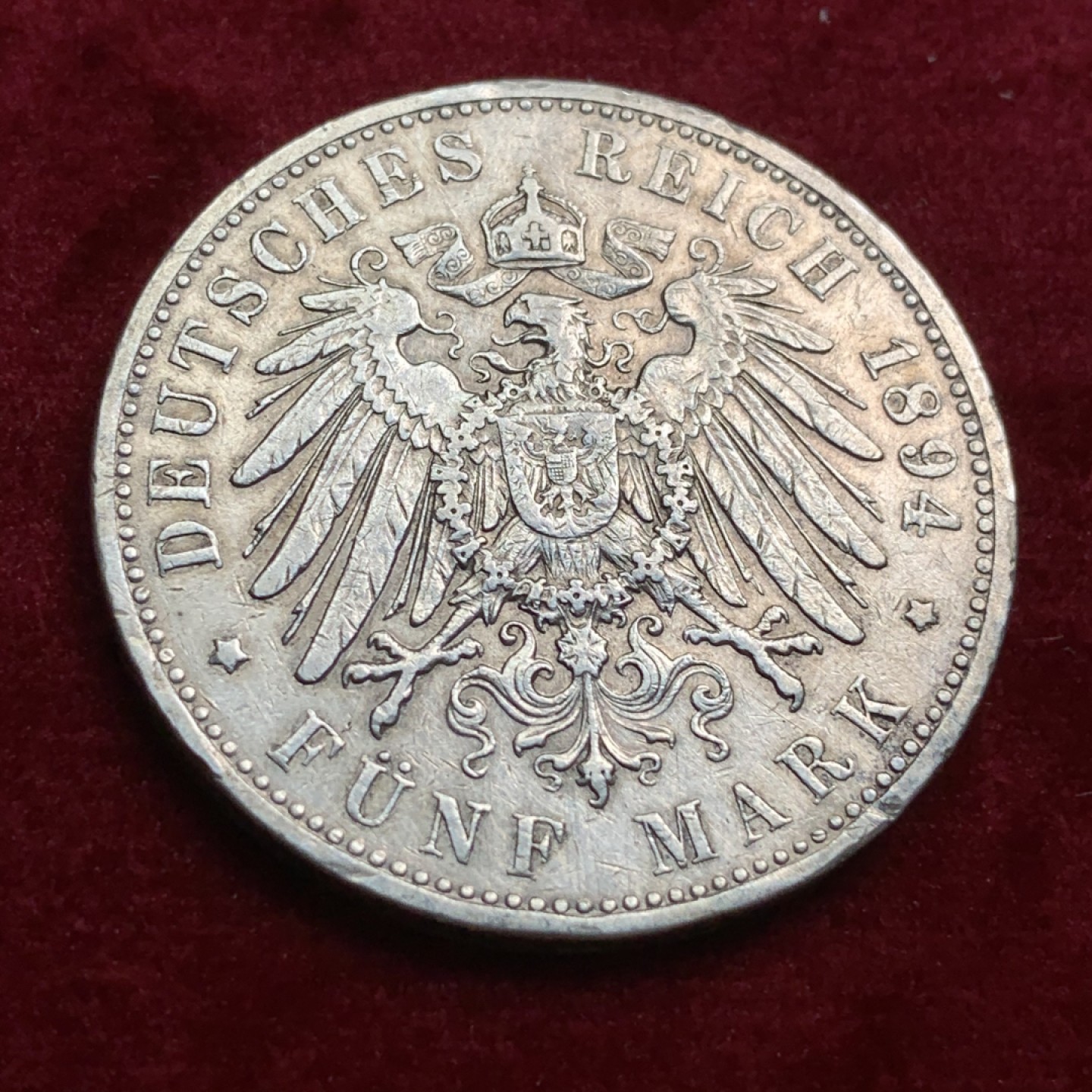 《竞宝斋》第66场-本周日，周一2场连拍（全场不限金额包邮） 1894年德意志第二帝国早期长翅汉堡5马克，汉堡自由市马克，流通品