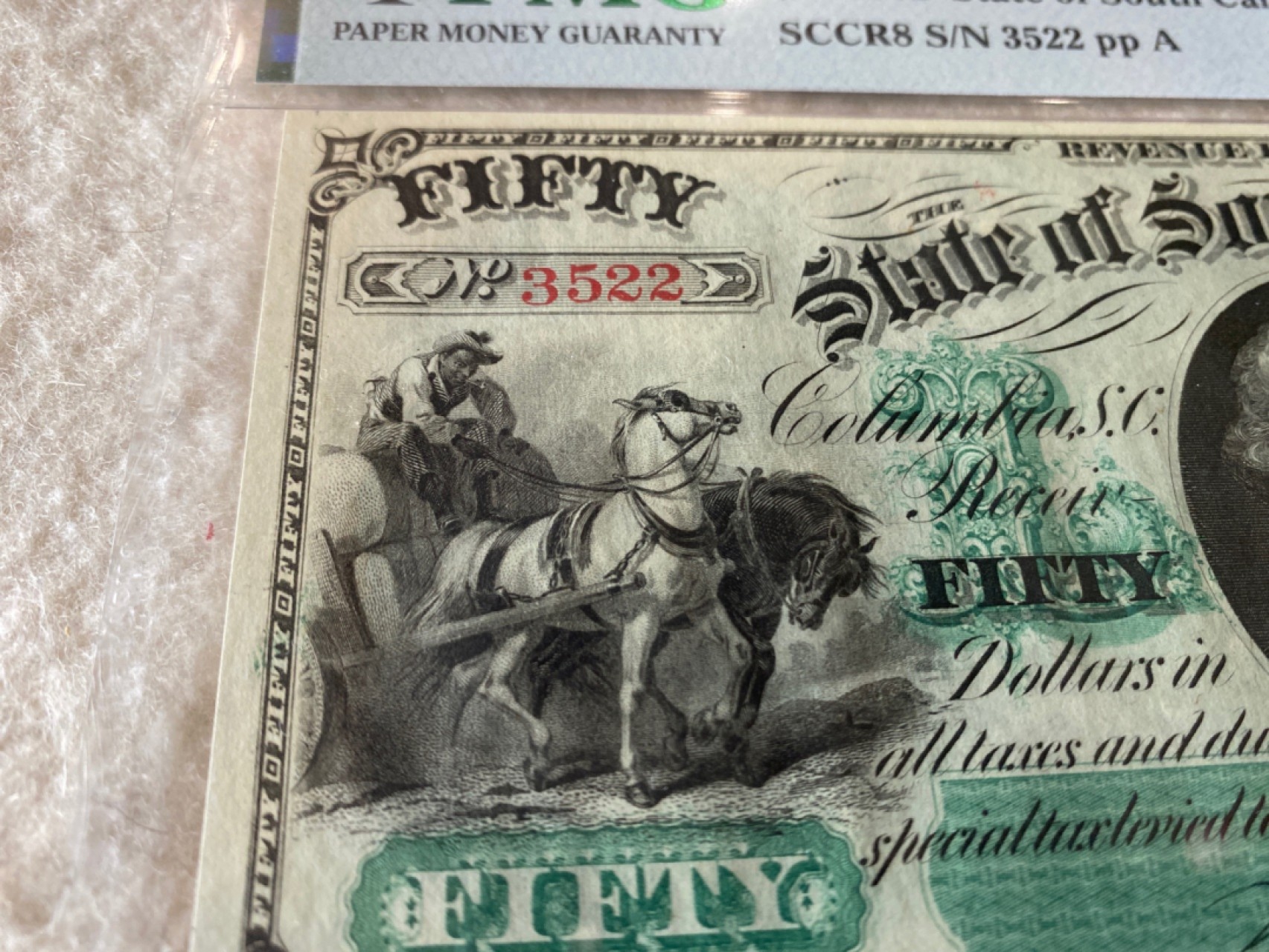 收藏联盟Quantum Auction第168期拍卖 今晚七点开拍 快来捡漏咯 1872年美国加利福利亚50美元 国父华盛顿双面雕刻 无47号码 PMG65E