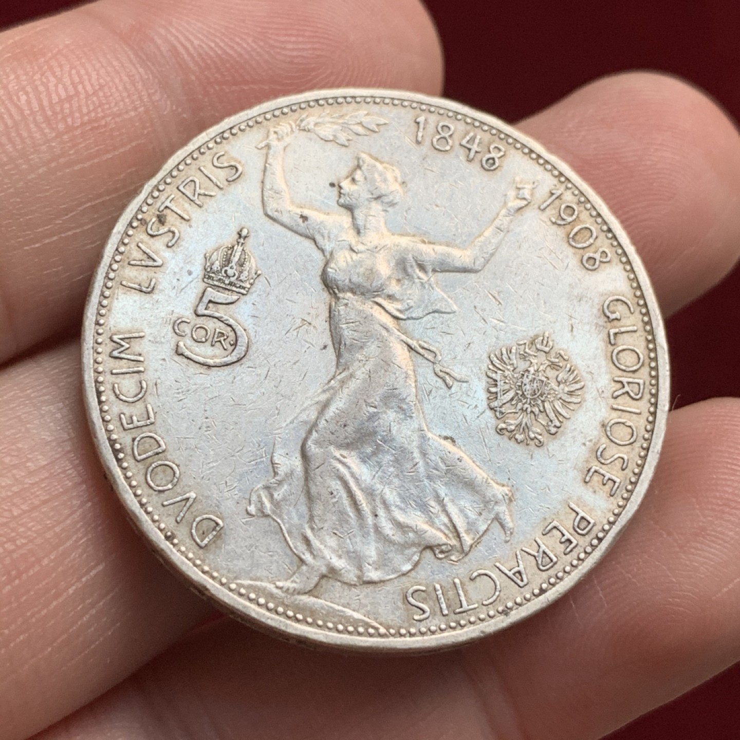 《竞宝斋》第66场-本周日，周一2场连拍（全场不限金额包邮） 1908年  奥地利 5克朗 银币 奔跑的疯女人 细节不错 涨了