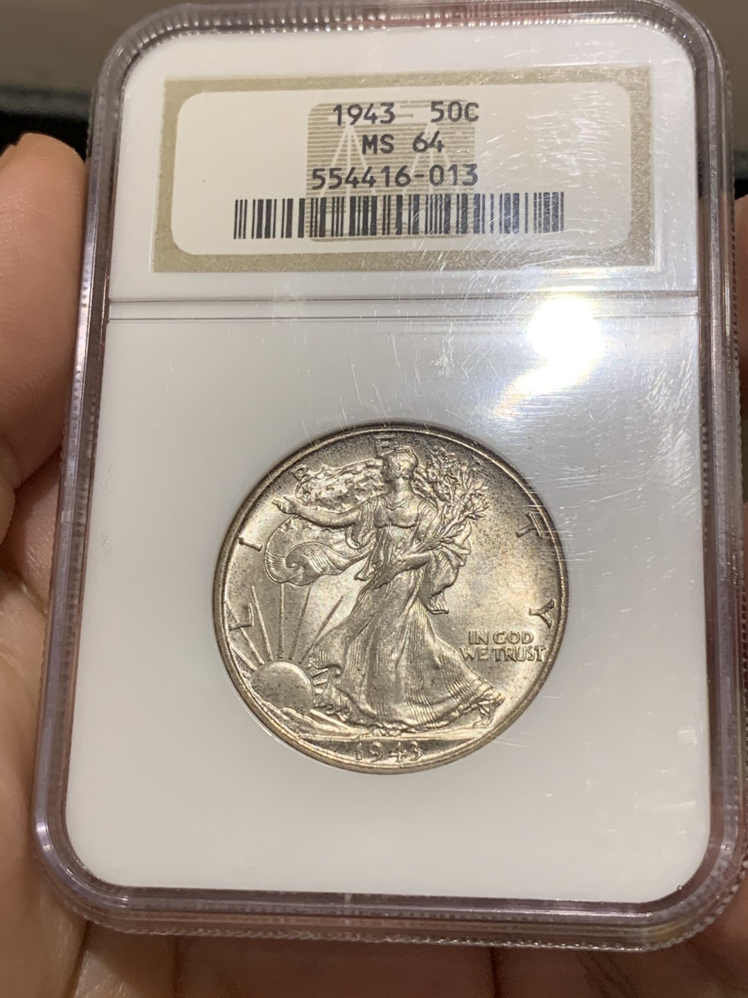 《竞宝斋》第66场-本周日，周一2场连拍（全场不限金额包邮） NGC MS64 美国 1943年 行走女神 50分 半美元 银币包浆不错 鹰的羽毛非常完整