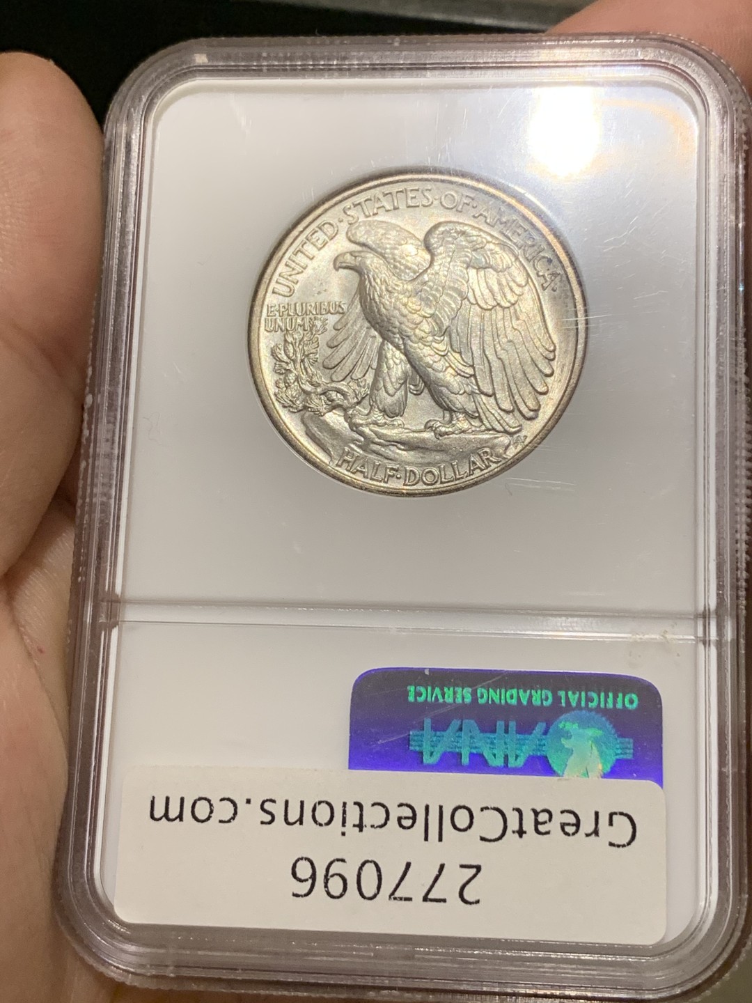 《竞宝斋》第66场-本周日，周一2场连拍（全场不限金额包邮） NGC MS64 美国 1943年 行走女神 50分 半美元 银币包浆不错 鹰的羽毛非常完整