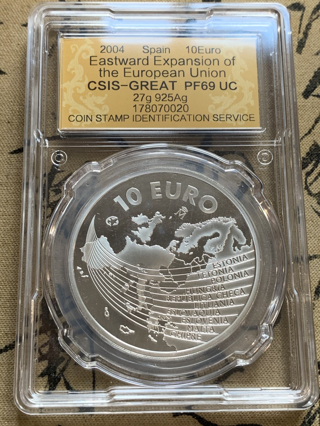 《竞宝斋》第66场-本周日，周一2场连拍（全场不限金额包邮） 2004年西班牙信泰评级欧盟东扩银币