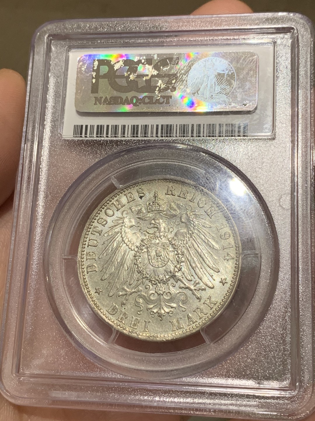 《竞宝斋》第66场-本周日，周一2场连拍（全场不限金额包邮） PCGS-MS63 德意志第二帝国 1914-D 巴伐利亚3马克 正面浮雕细腻 底板完好 盒子有磕碰