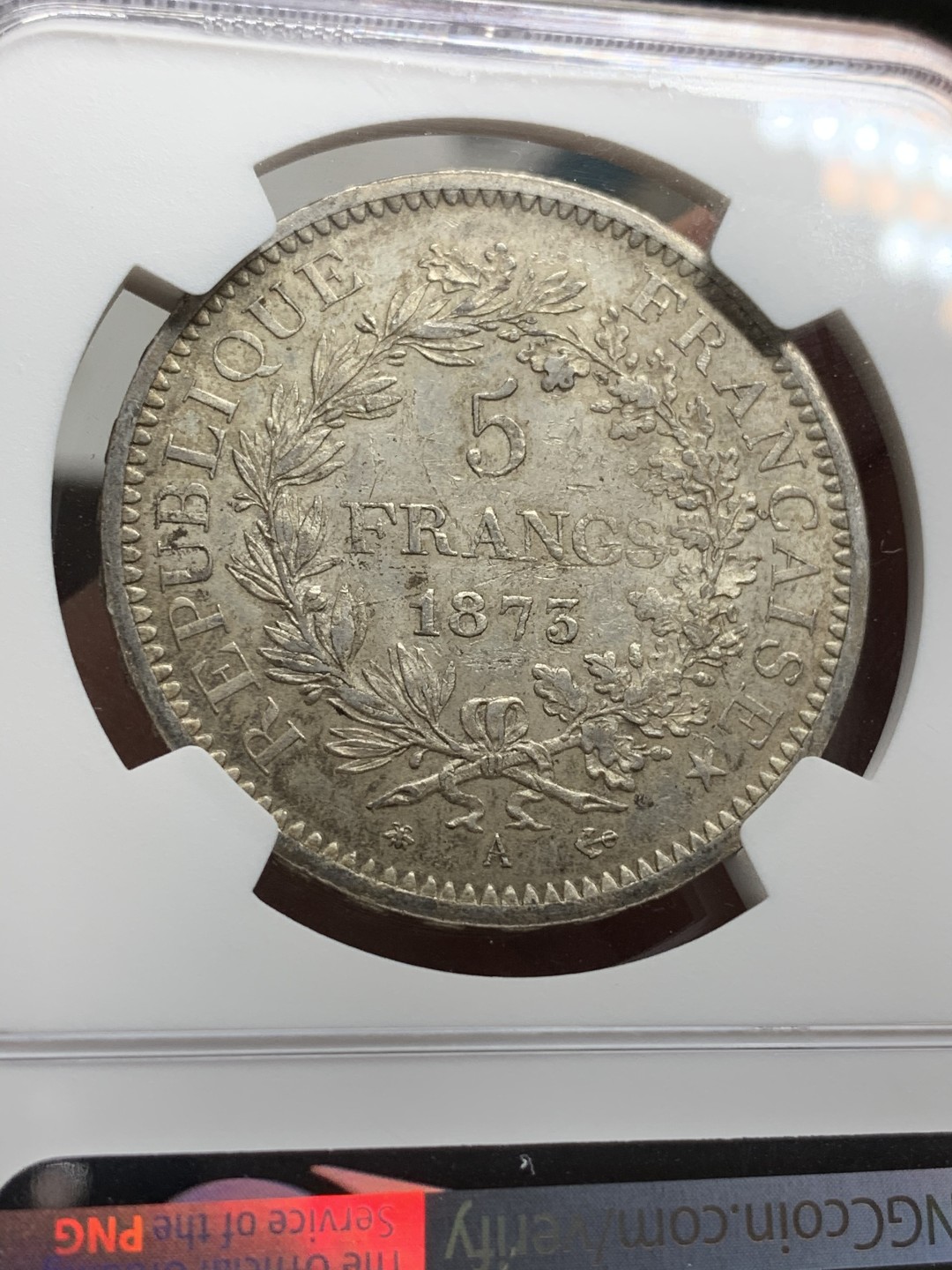 《竞宝斋》第66场-本周日，周一2场连拍（全场不限金额包邮） NGC-AU58 法国 1873年 大力神 5法郎 原味老包浆 很舒服的大银币