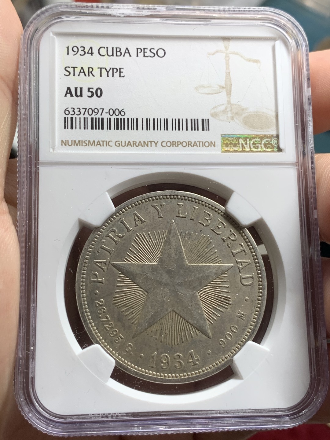《竞宝斋》第66场-本周日，周一2场连拍（全场不限金额包邮） NGC-AU50 古巴 1934年 大五星1比索 银币 带光好品 已经越来越少了