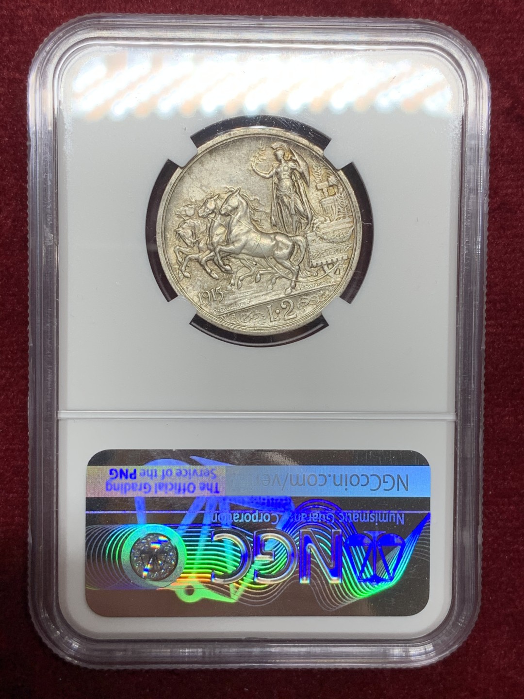 《竞宝斋》第66场-本周日，周一2场连拍（全场不限金额包邮） NGC-MS63 意大利1915年 胜利马车2里拉 银币 这分数就可以终身收藏了