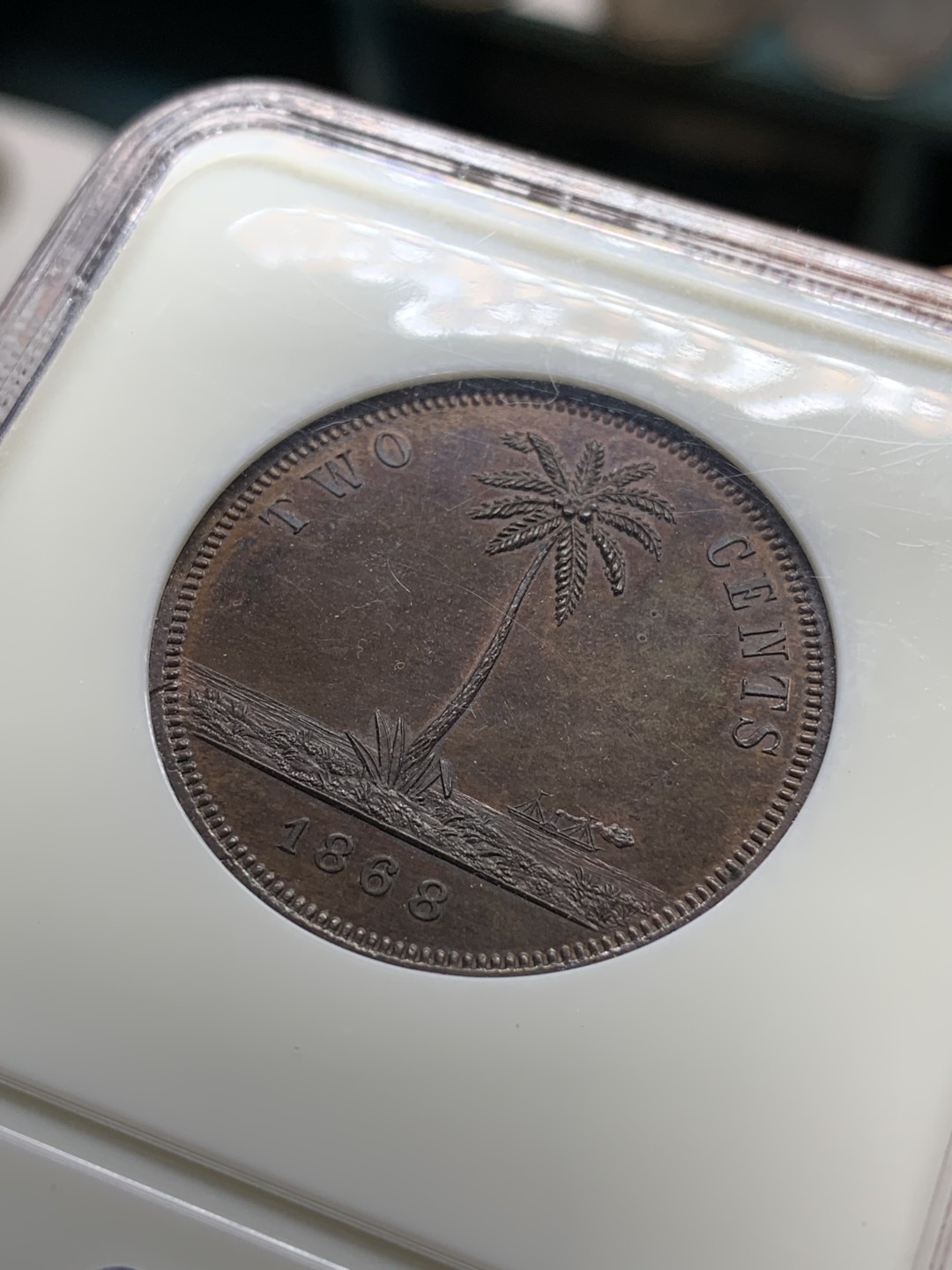 《竞宝斋》第66场-本周日，周一2场连拍（全场不限金额包邮） 亚军分 NGC-PF64 法属利比亚 1868E 2分 样币 老盒 银座21年11月不含手续费440刀