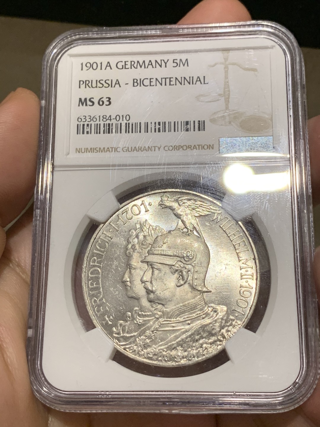 《竞宝斋》第66场-本周日，周一2场连拍（全场不限金额包邮） NGC MS63 德国1901年普鲁士建国200周年纪念5马克 顶级原光好品