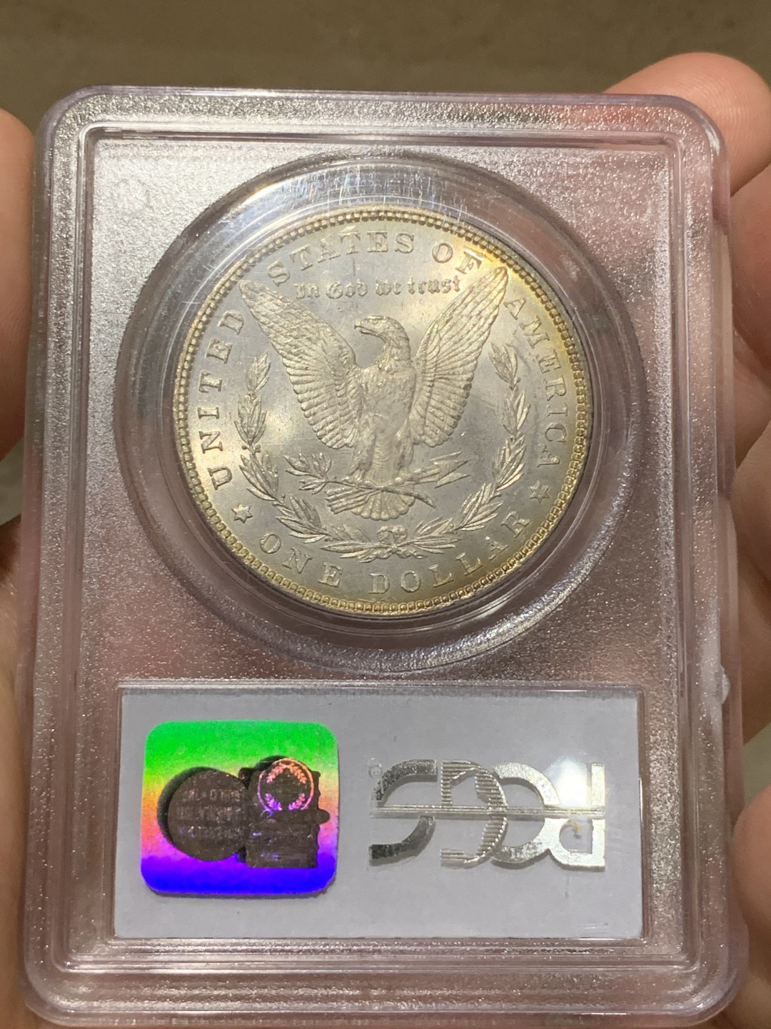 《竞宝斋》第66场-本周日，周一2场连拍（全场不限金额包邮） PCGS MS63 1879年美国摩根银元 少见年份 早期小白盒 月牙彩非常的好看 SBP 落槌价200刀左右