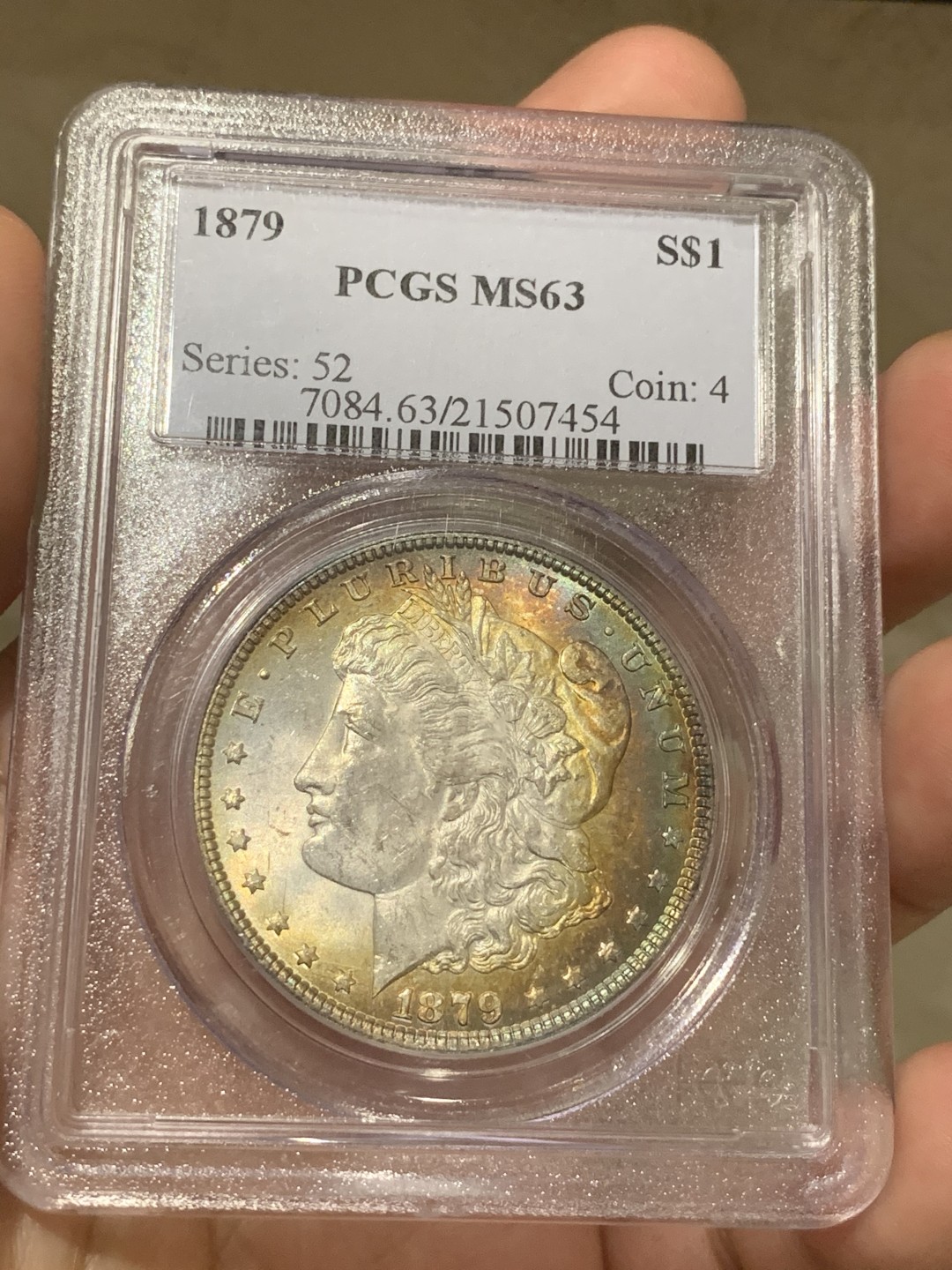 《竞宝斋》第66场-本周日，周一2场连拍（全场不限金额包邮） PCGS MS63 1879年美国摩根银元 少见年份 早期小白盒 月牙彩非常的好看 SBP 落槌价200刀左右