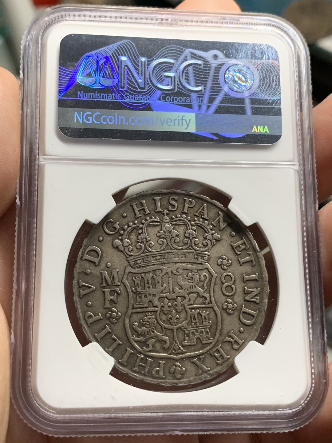 《竞宝斋》第66场-本周日，周一2场连拍（全场不限金额包邮） NGC-XF40 墨西哥 1743年 费利佩五世 地球双柱8R 大银币 原味老包浆 大热品种