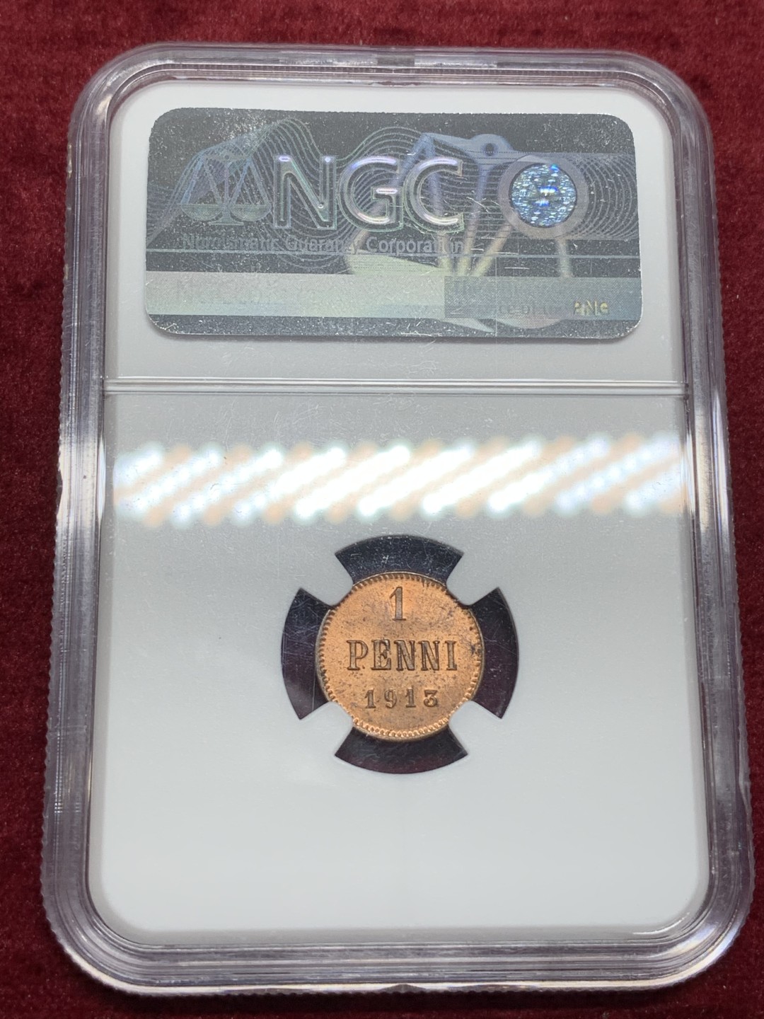 《竞宝斋》第66场-本周日，周一2场连拍（全场不限金额包邮） NGC-MS64RB 俄占芬兰 1913年  1盆尼 铜币 细节好 光线足 保存不容易