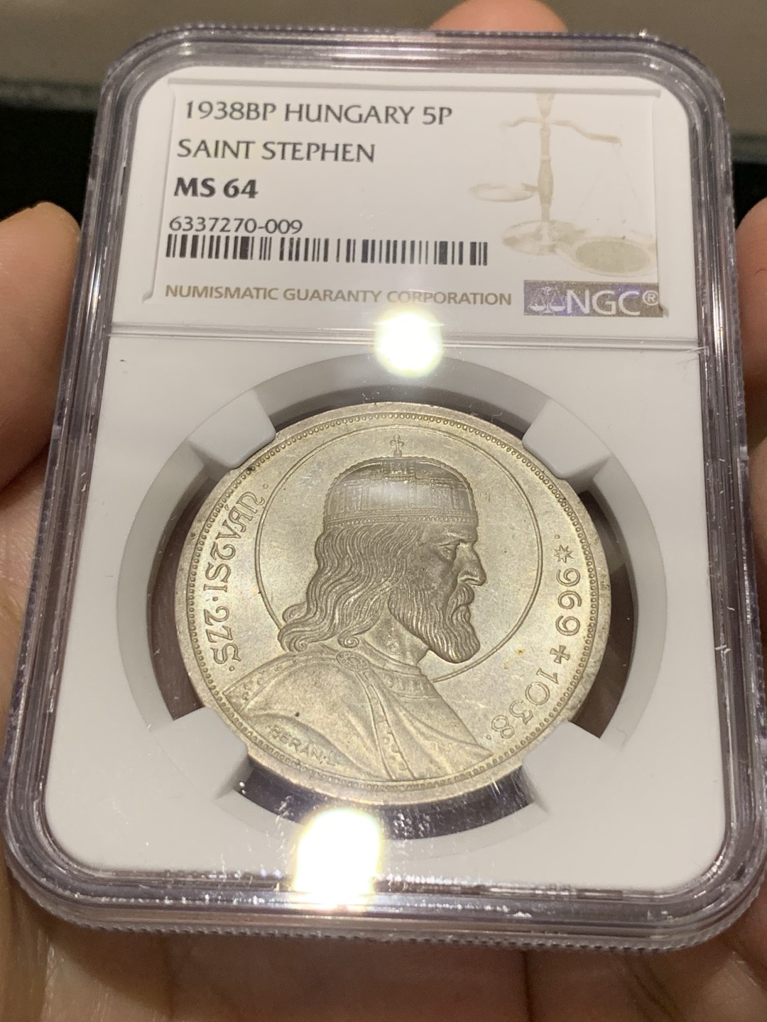《竞宝斋》第66场-本周日，周一2场连拍（全场不限金额包邮） NGC-MS64 匈牙利 1938年 斯蒂芬 5潘果 大银币 原光好品 也是最近疯涨的品种