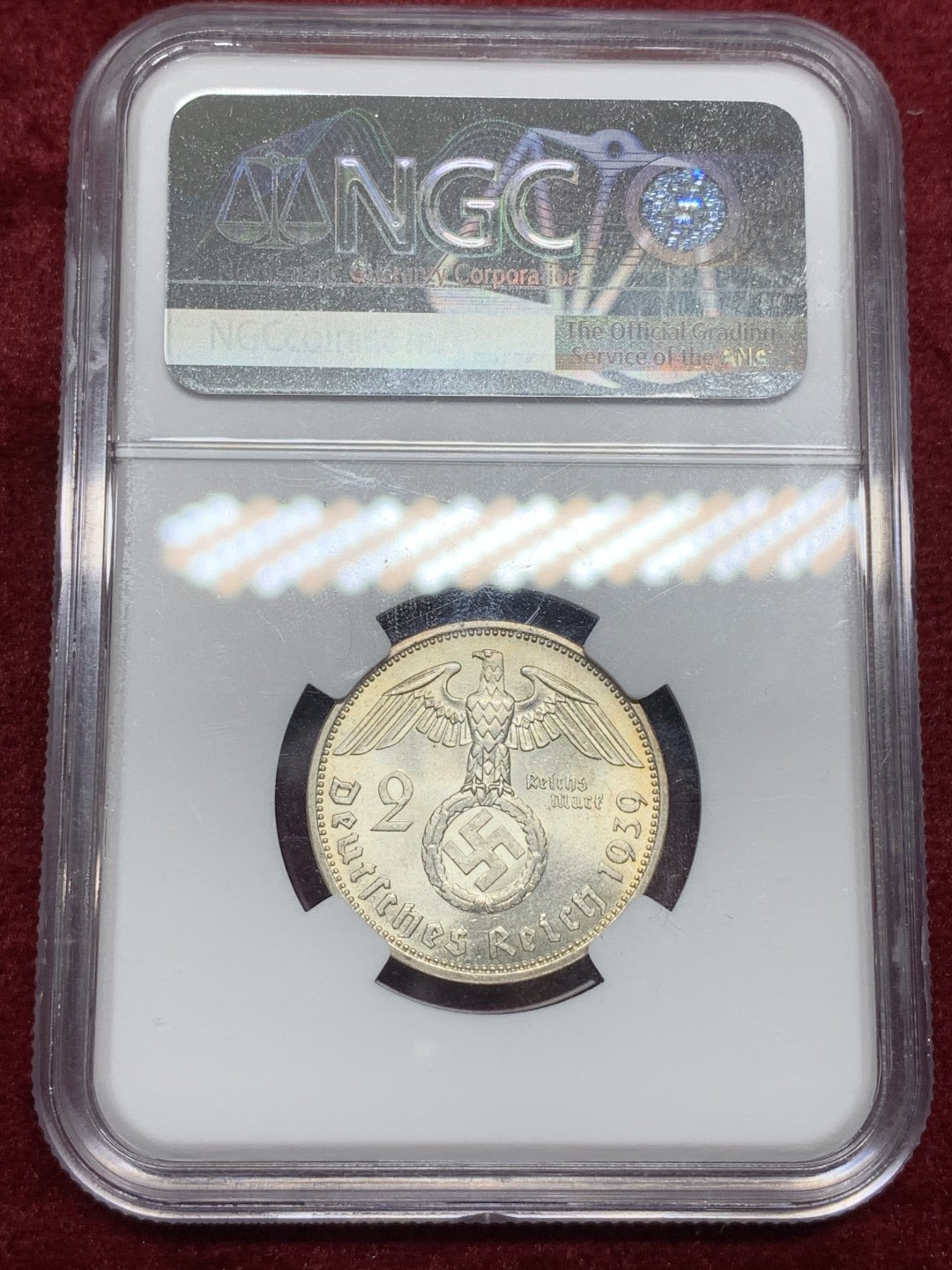 《竞宝斋》第66场-本周日，周一2场连拍（全场不限金额包邮） NGC-MS63 德国1939年兴登堡2马克银币 通体黄油光