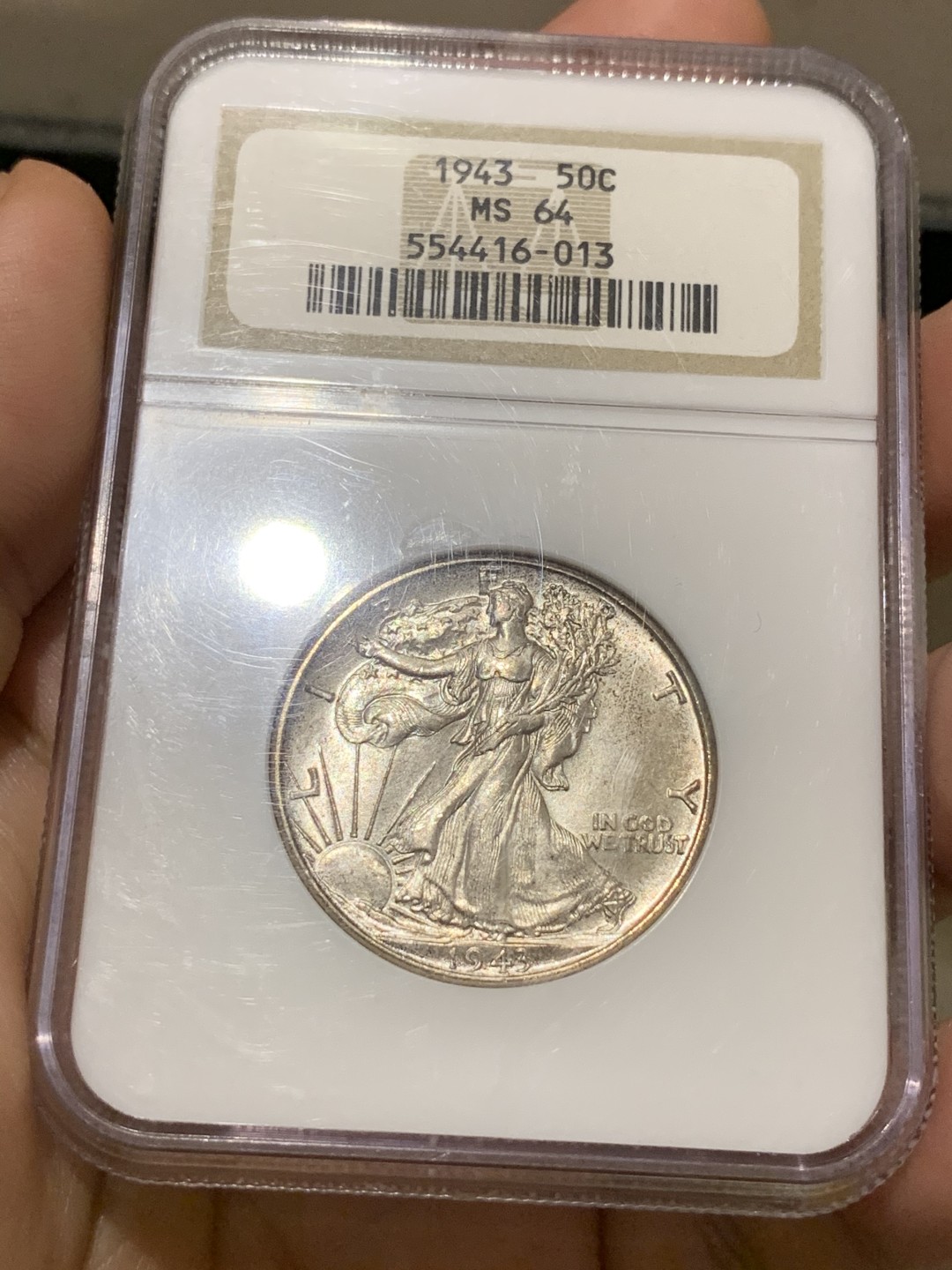 《竞宝斋》第66场-本周日，周一2场连拍（全场不限金额包邮） NGC MS64 美国 1943年 行走女神 50分 半美元 银币包浆不错 鹰的羽毛非常完整