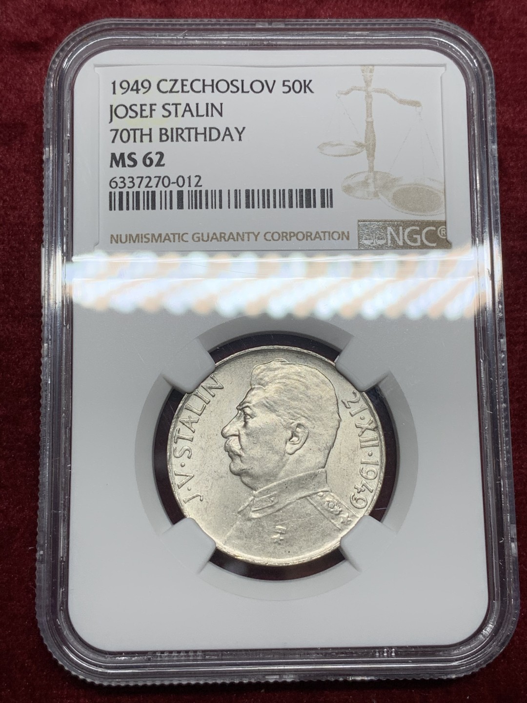《竞宝斋》第66场-本周日，周一2场连拍（全场不限金额包邮） NGC-MS62 捷克 1949年 斯大林纪念 50克朗 银币 稀少品 也是疯涨的东西