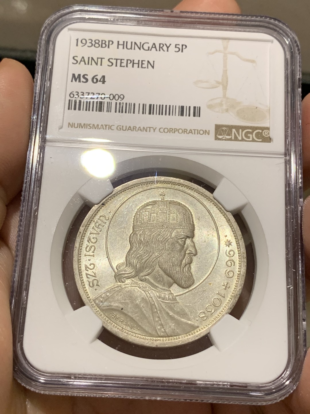 《竞宝斋》第66场-本周日，周一2场连拍（全场不限金额包邮） NGC-MS64 匈牙利 1938年 斯蒂芬 5潘果 大银币 原光好品 也是最近疯涨的品种