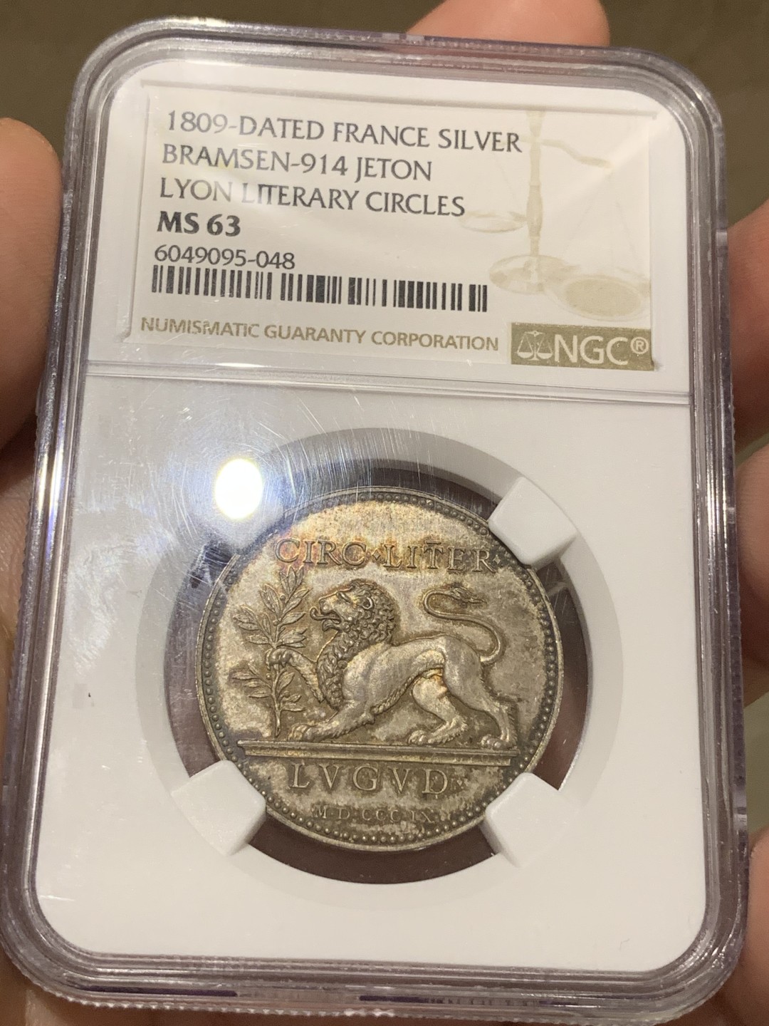 《竞宝斋》第66场-本周日，周一2场连拍（全场不限金额包邮） NGC MS63 1809年法国银质代币 高浮雕镜面五彩 包浆恰到好处，狮子等景物细节精制 值得珍藏