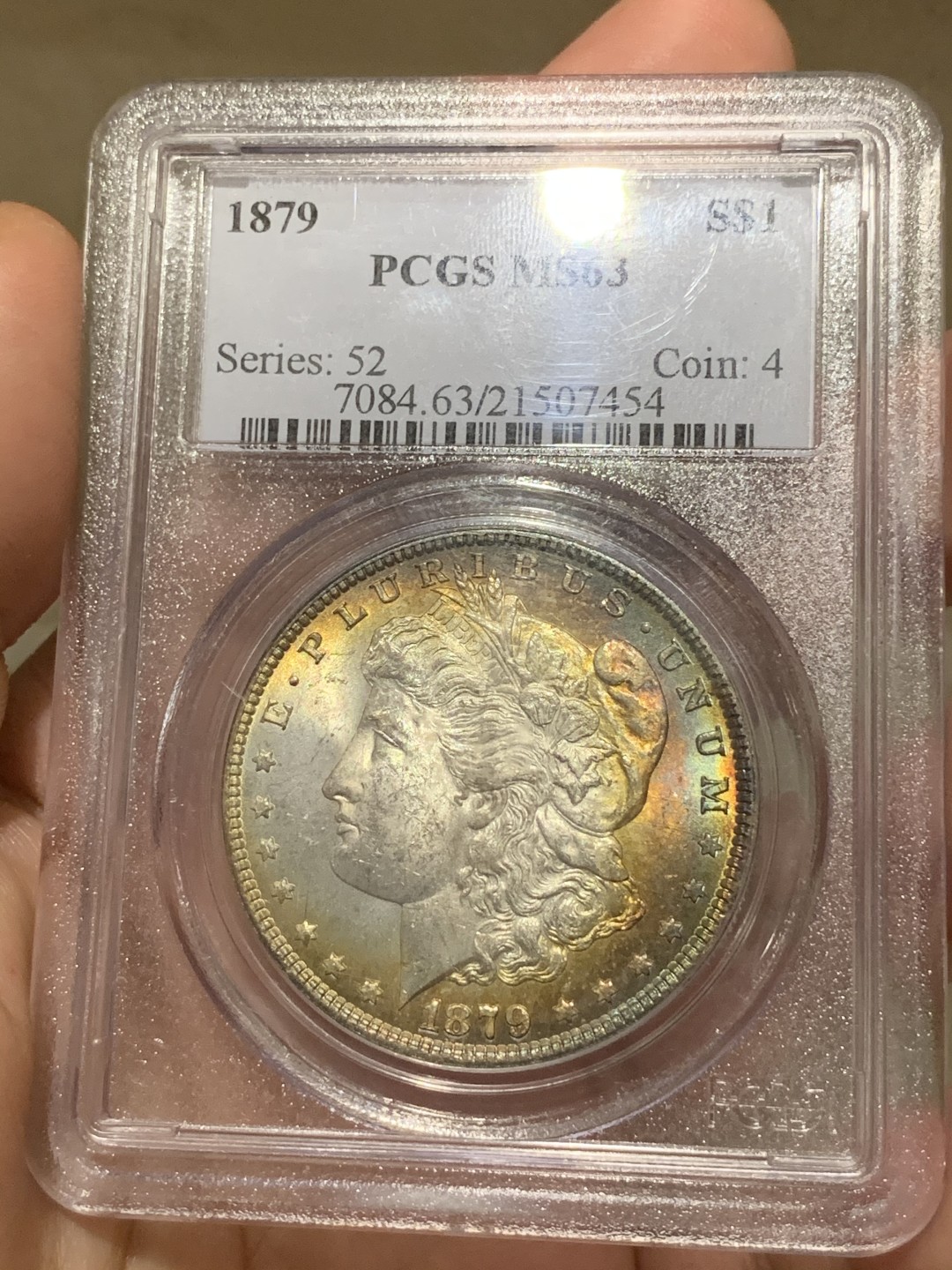 《竞宝斋》第66场-本周日，周一2场连拍（全场不限金额包邮） PCGS MS63 1879年美国摩根银元 少见年份 早期小白盒 月牙彩非常的好看 SBP 落槌价200刀左右