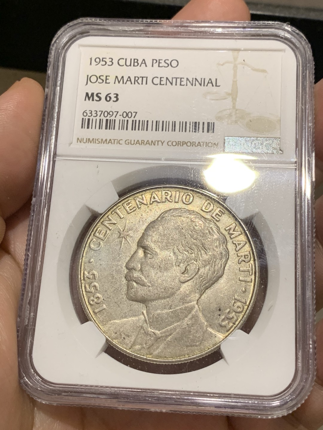 《竞宝斋》第66场-本周日，周一2场连拍（全场不限金额包邮） NGC-MS63 古巴 1953年 马丁1比索 原光好品大银币 一般见到都是满脸麻子的 这枚难得