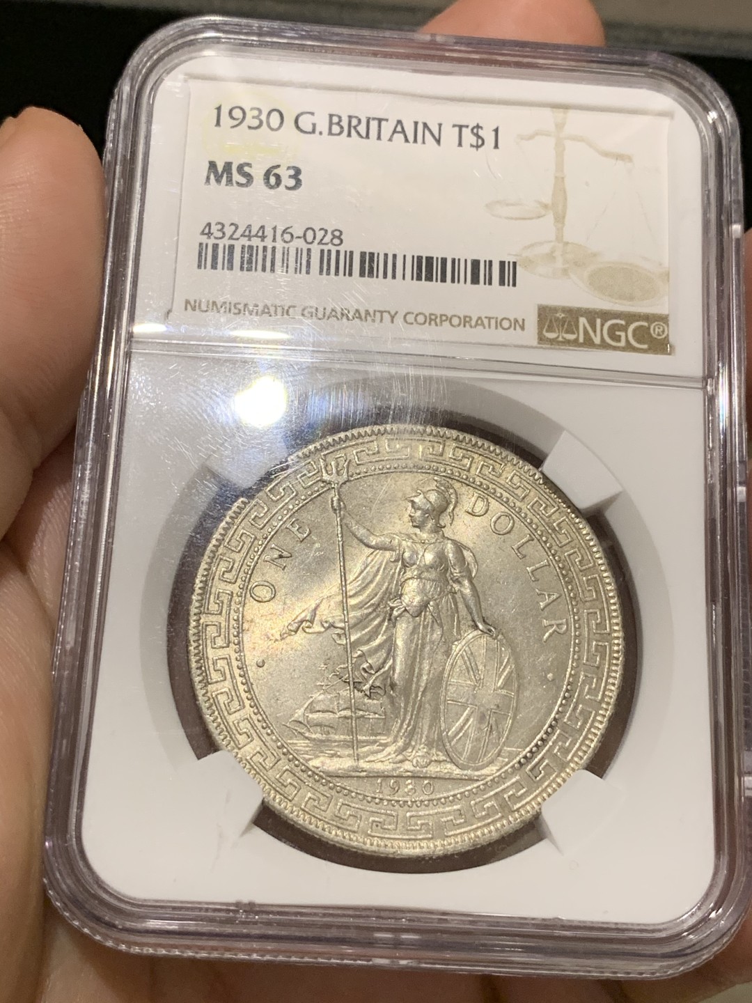 《竞宝斋》第66场-本周日，周一2场连拍（全场不限金额包邮） NGC-ms63 英国 无字版1930 壹圆站洋银币，1930不带b版，稀少版别，原光淡彩