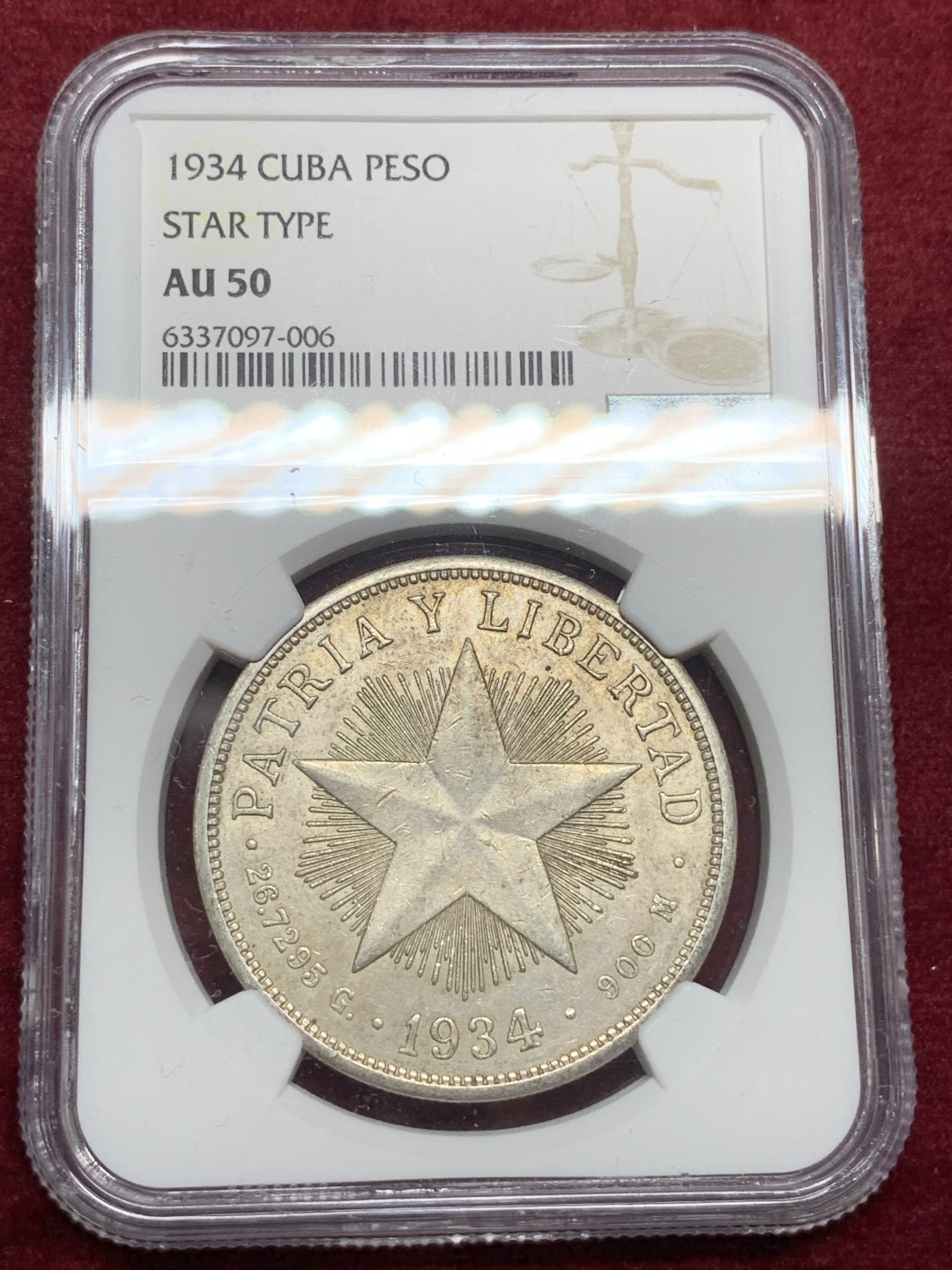 《竞宝斋》第66场-本周日，周一2场连拍（全场不限金额包邮） NGC-AU50 古巴 1934年 大五星1比索 银币 带光好品 已经越来越少了