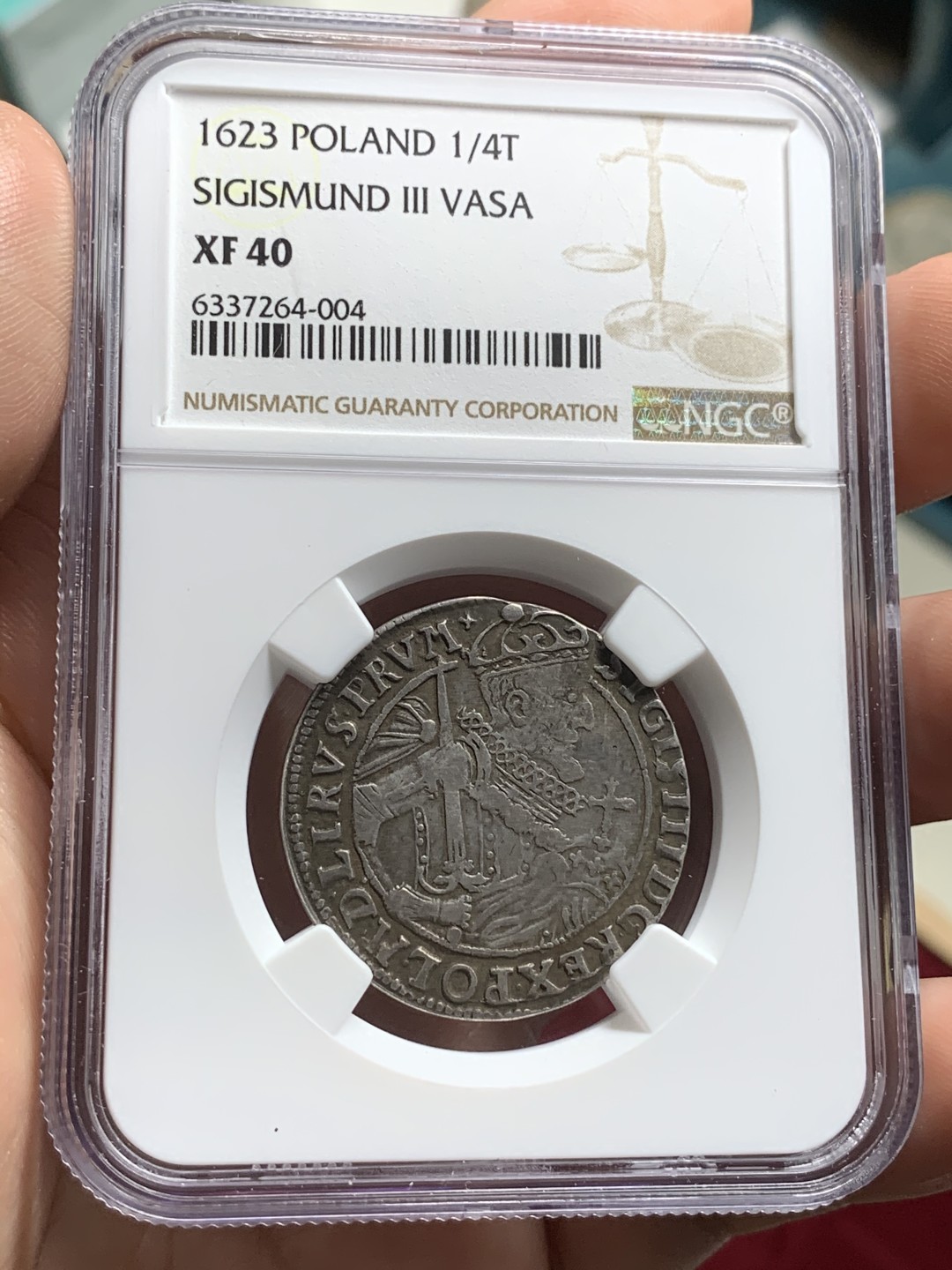 《竞宝斋》第66场-本周日，周一2场连拍（全场不限金额包邮） 第四名 NGC-XF40 波兰 1623年 齐格蒙特三世 1/4泰勒 银币 原味好品 细节清晰 稀少品种