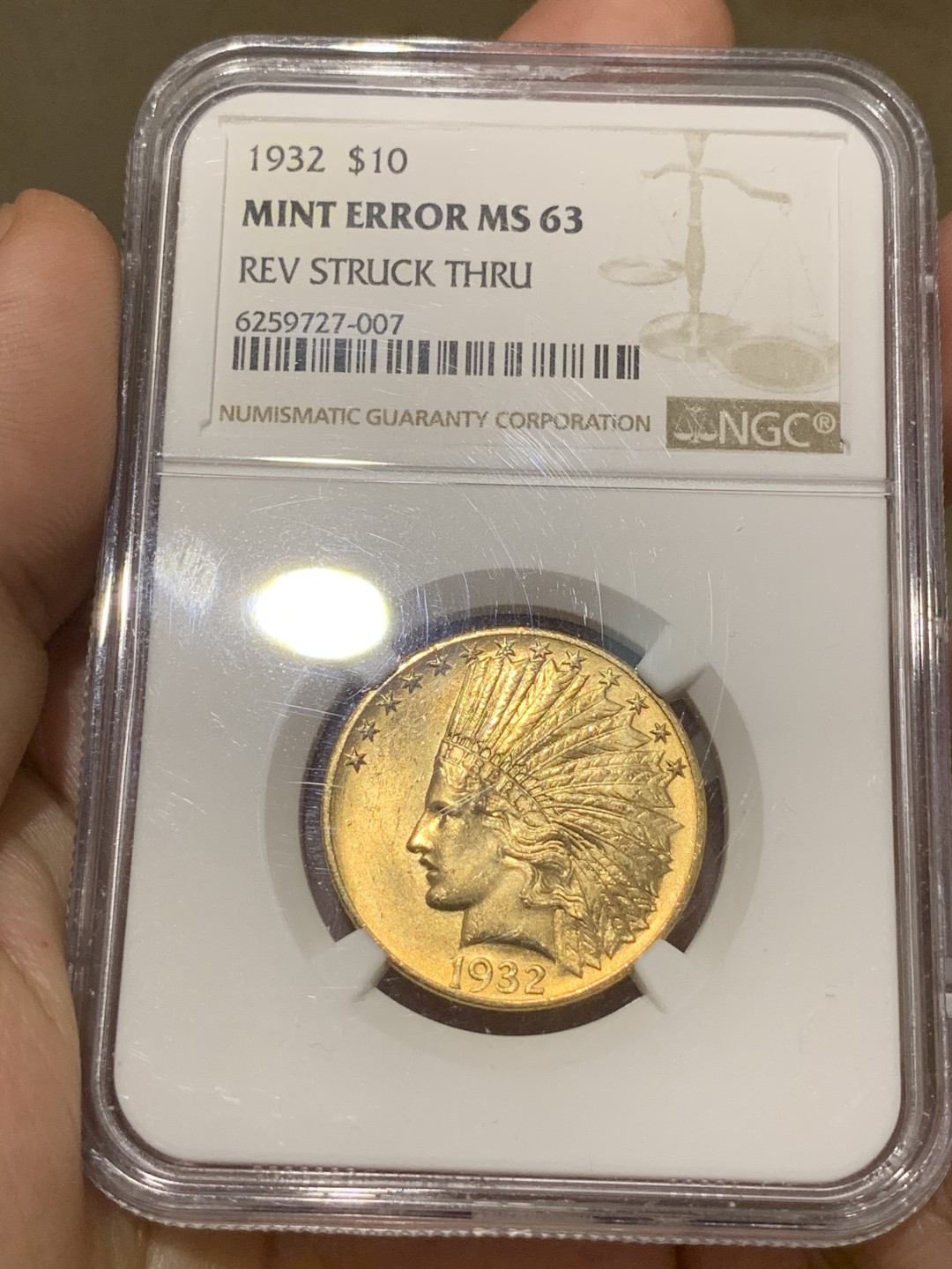 《竞宝斋》第66场-本周日，周一2场连拍（全场不限金额包邮） NGC MS63 美国 1932年 10美元 印第安人 金币 16.7克大规格  铸造缺陷标签加持 不容遇上