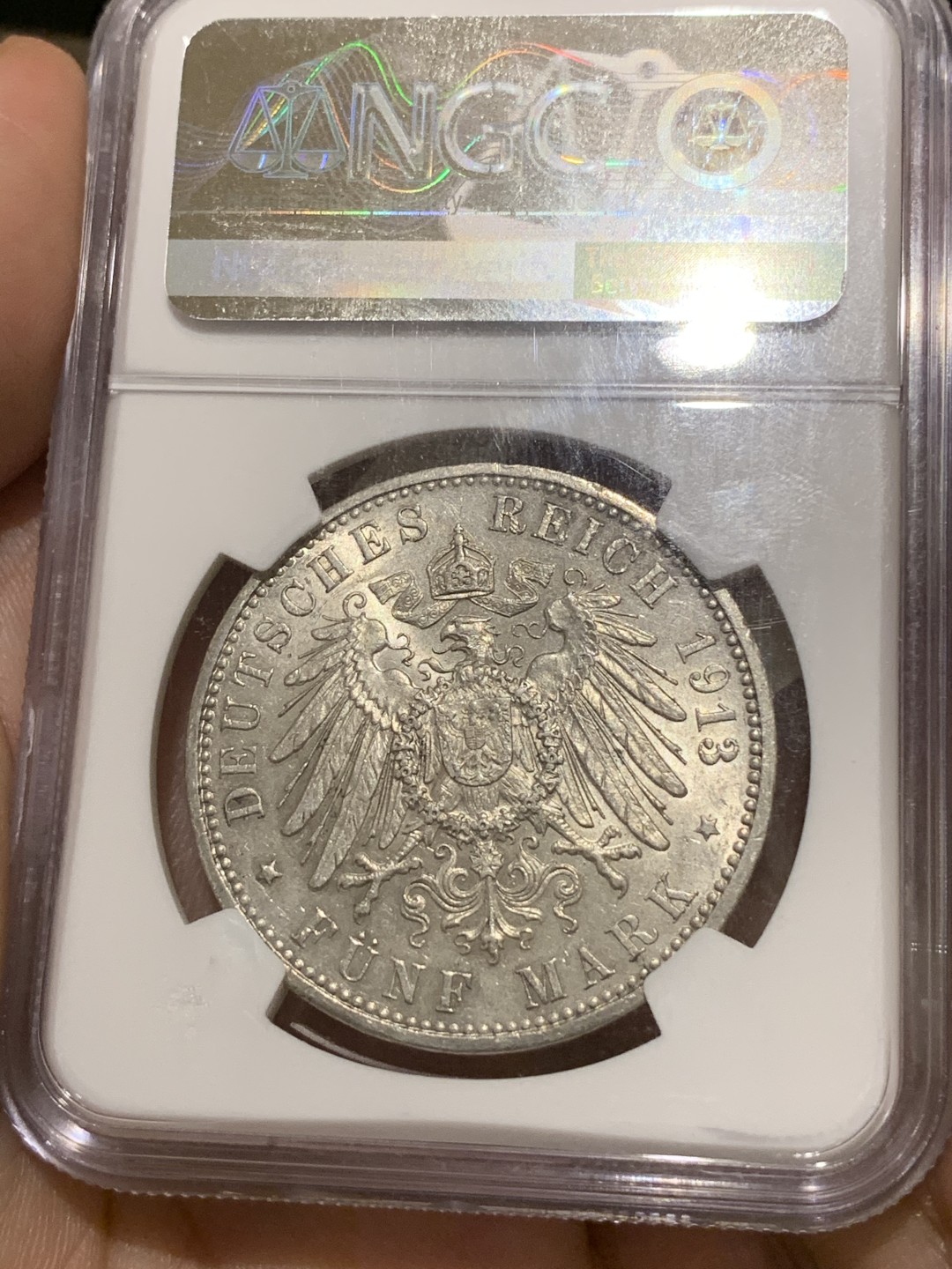 《竞宝斋》第66场-本周日，周一2场连拍（全场不限金额包邮） NGC MS62 1913年德国汉堡5马克、J厂，汉堡自由市5马克，转光，流通马克MS少见适合收藏、自由市马克不同于头像马克，德系热门品种