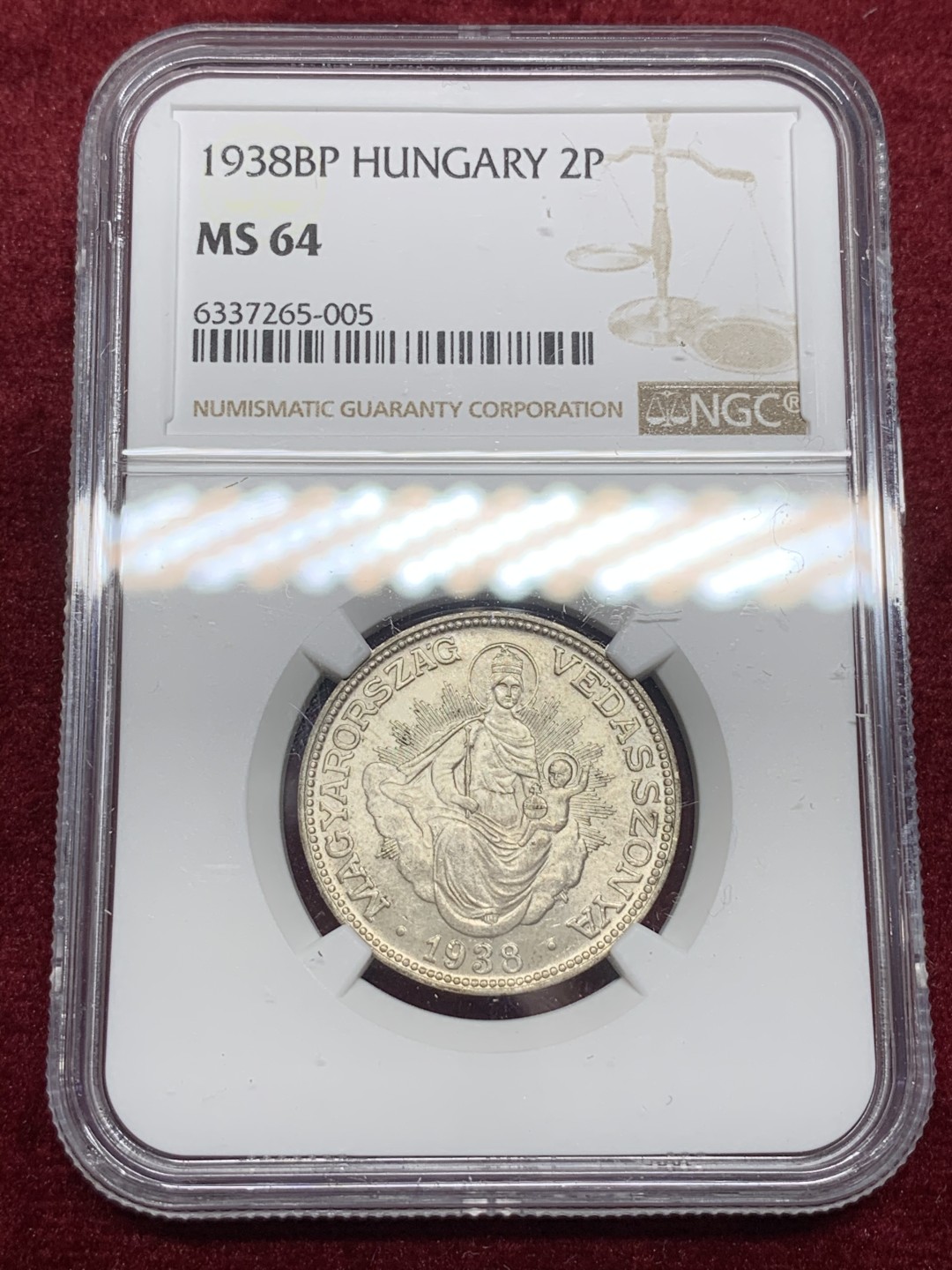 《竞宝斋》第66场-本周日，周一2场连拍（全场不限金额包邮） NGC-MS64 匈牙利 1938年 圣母抱婴 2潘果 银币 顶级品像 光度一流