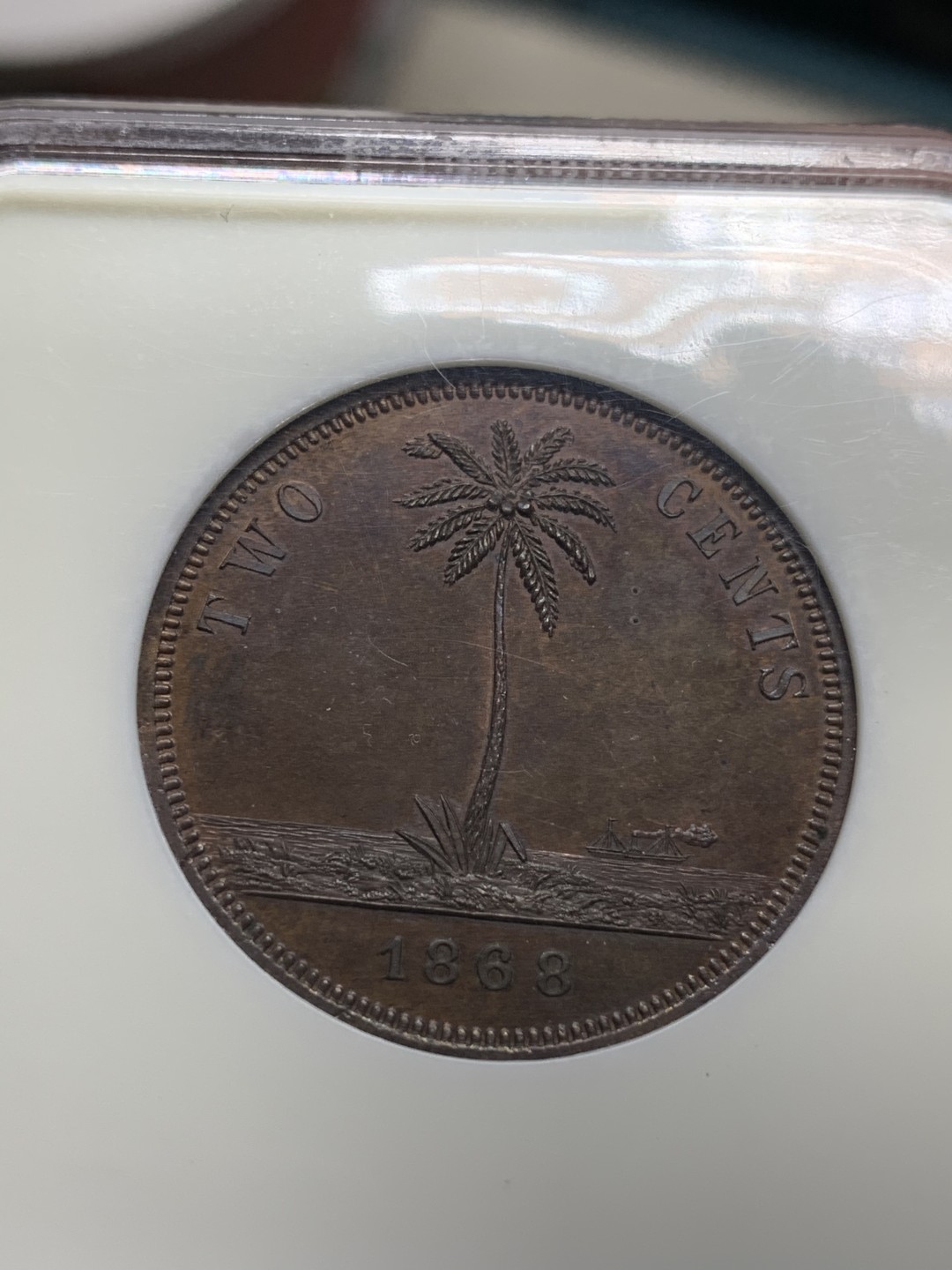 《竞宝斋》第66场-本周日，周一2场连拍（全场不限金额包邮） 亚军分 NGC-PF64 法属利比亚 1868E 2分 样币 老盒 银座21年11月不含手续费440刀