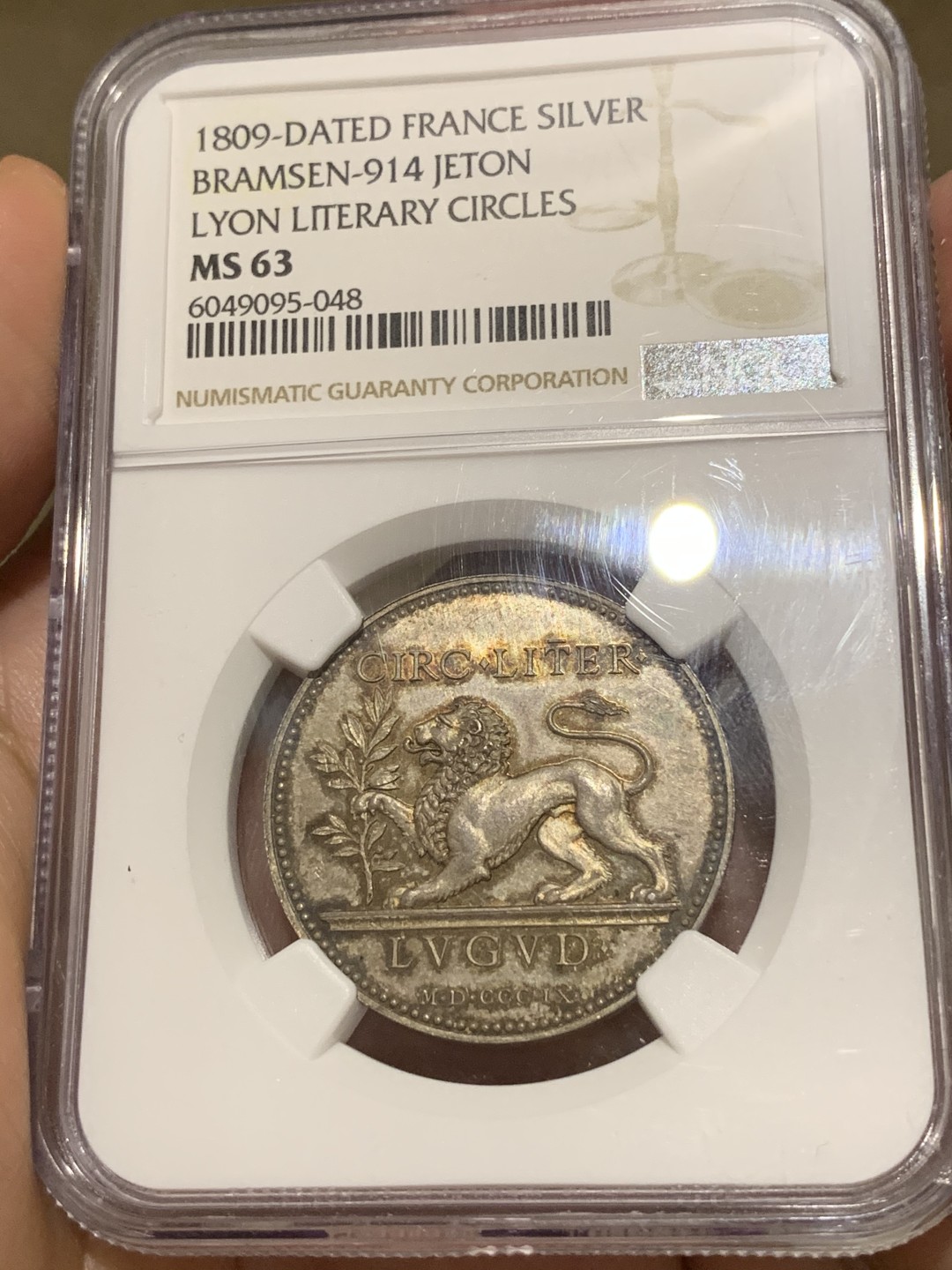《竞宝斋》第66场-本周日，周一2场连拍（全场不限金额包邮） NGC MS63 1809年法国银质代币 高浮雕镜面五彩 包浆恰到好处，狮子等景物细节精制 值得珍藏