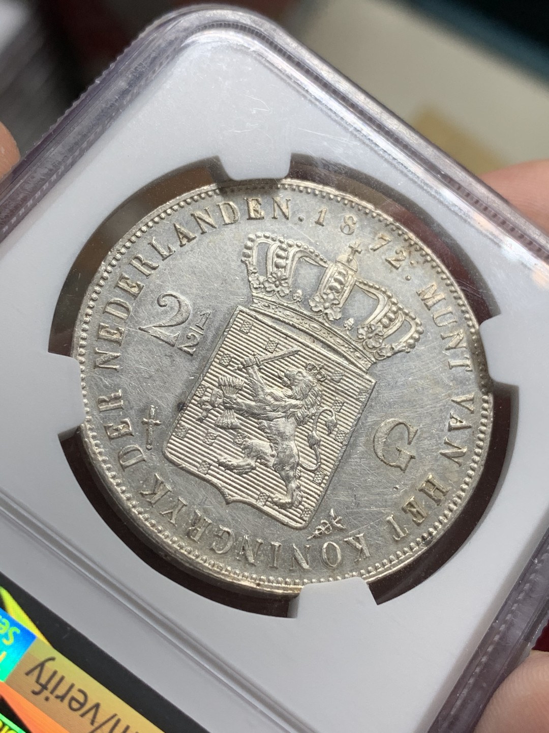 《竞宝斋》第66场-本周日，周一2场连拍（全场不限金额包邮） NGC-UNC  荷兰 1872年 威廉三世 2.5盾 银币 高银 底板带光，头发胡子清晰可见