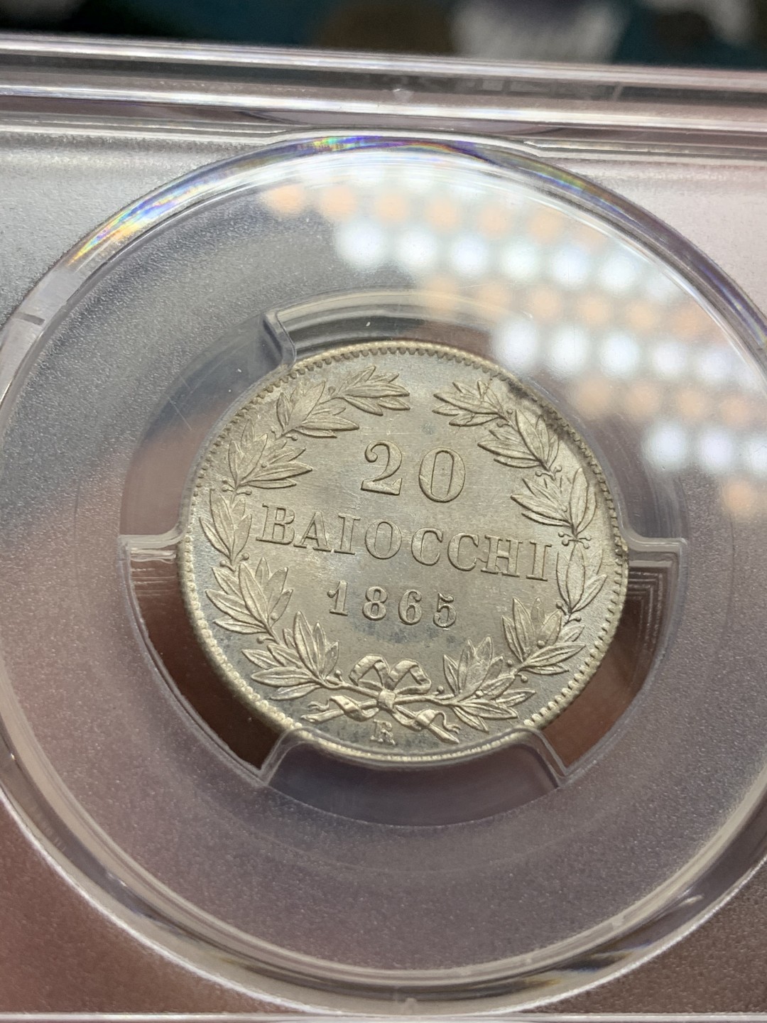《竞宝斋》第66场-本周日，周一2场连拍（全场不限金额包邮） PCGS MS63 1865年教皇国 20贝尔科银币 k-1360a 两年版 少见版本 pl底板 实物状态极佳