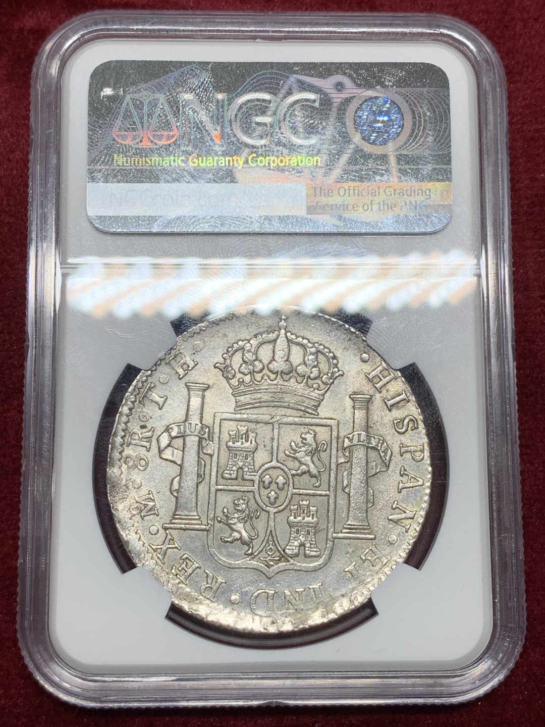 《竞宝斋》第66场-本周日，周一2场连拍（全场不限金额包邮） NGC-MS61 墨西哥双柱 费迪南七世 1809   8里亚尔    费七过度年份 双柱热门  原味包浆 光度一流 收藏最佳