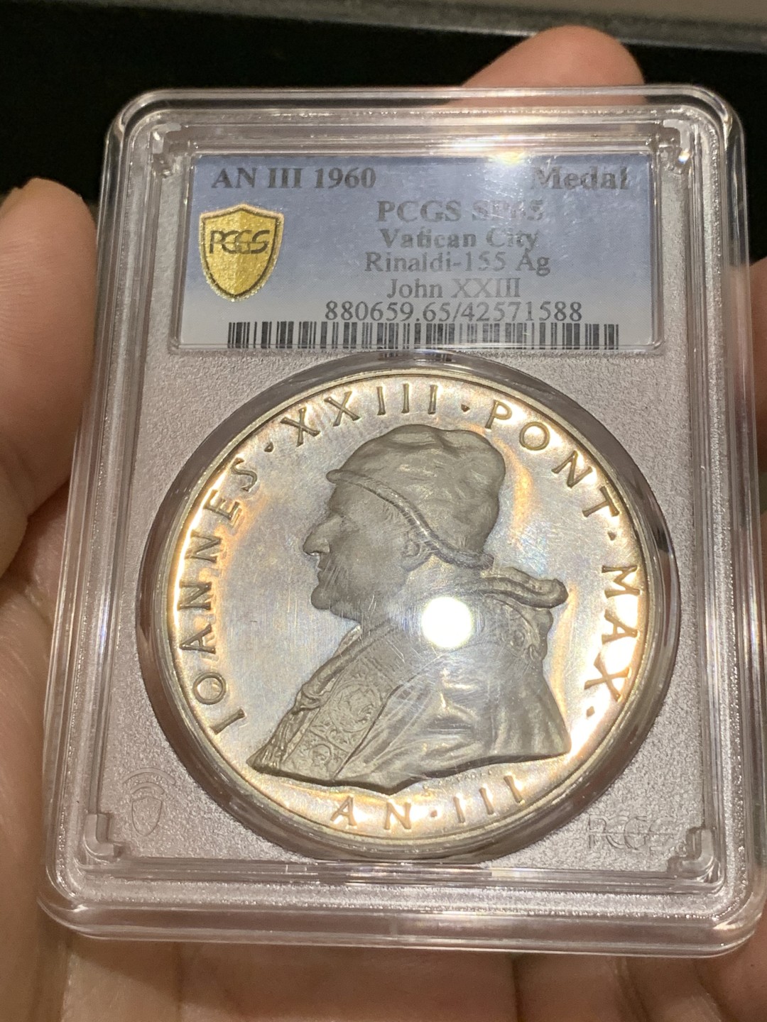 《竞宝斋》第66场-本周日，周一2场连拍（全场不限金额包邮） PCGS SP65 梵蒂冈1960年约翰二十三世教皇大银章 镜面底板 品相状态一流