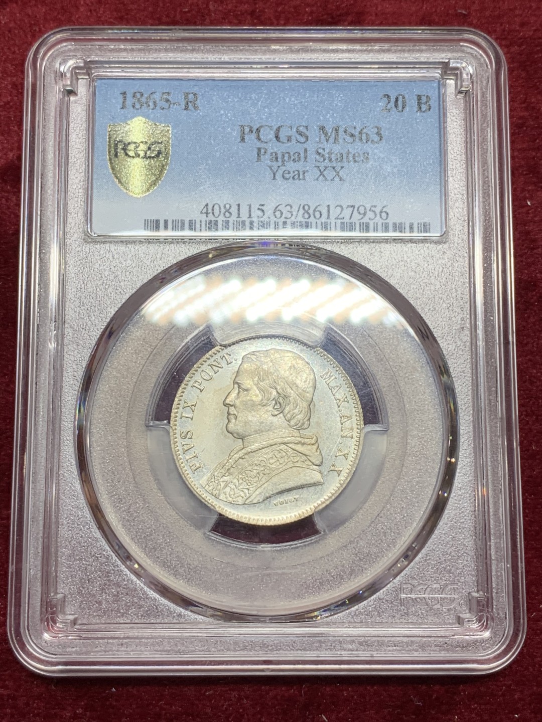 《竞宝斋》第66场-本周日，周一2场连拍（全场不限金额包邮） PCGS MS63 1865年教皇国 20贝尔科银币 k-1360a 两年版 少见版本 pl底板 实物状态极佳