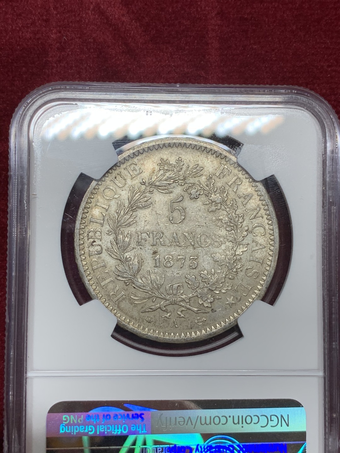 《竞宝斋》第66场-本周日，周一2场连拍（全场不限金额包邮） NGC-AU58 法国 1873年 大力神 5法郎 原味老包浆 很舒服的大银币