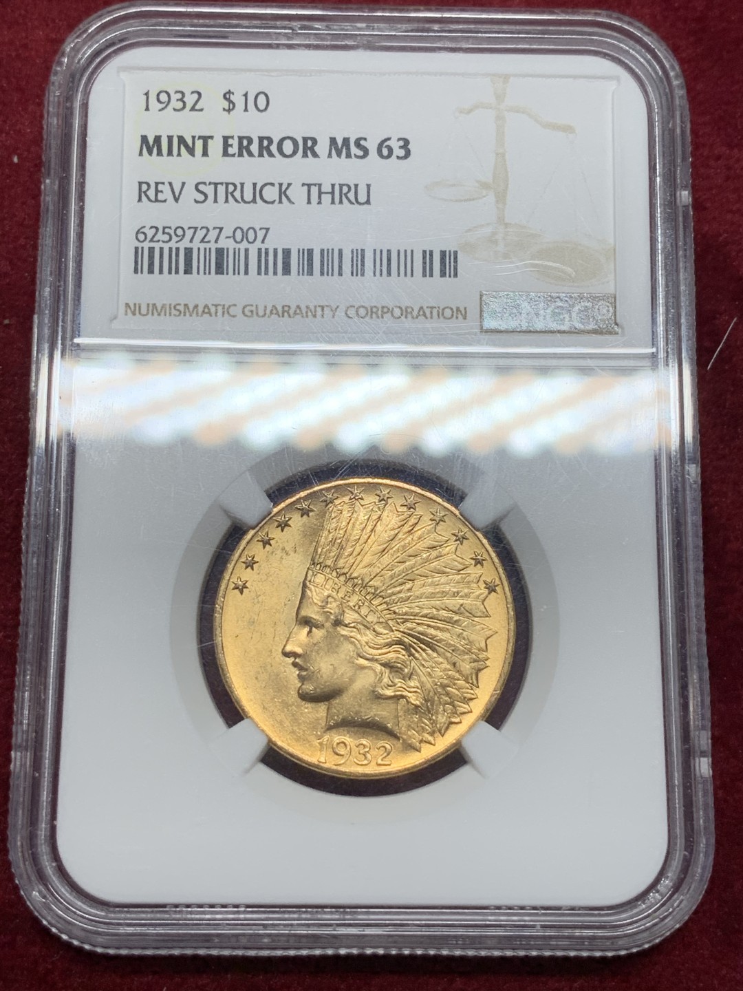 《竞宝斋》第66场-本周日，周一2场连拍（全场不限金额包邮） NGC MS63 美国 1932年 10美元 印第安人 金币 16.7克大规格  铸造缺陷标签加持 不容遇上