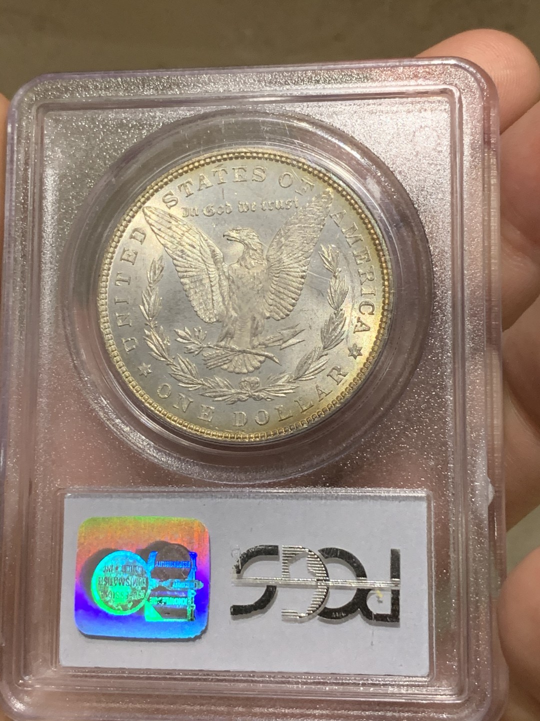 《竞宝斋》第66场-本周日，周一2场连拍（全场不限金额包邮） PCGS MS63 1879年美国摩根银元 少见年份 早期小白盒 月牙彩非常的好看 SBP 落槌价200刀左右