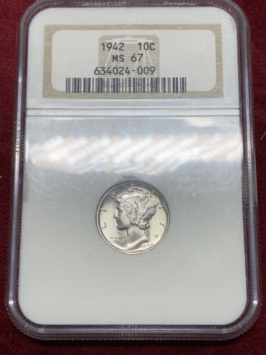 《竞宝斋》第66场-本周日，周一2场连拍（全场不限金额包邮） NGC MS67 美国 1942年 小飞侠 10分银币 顶级分数 老盒保存的不错