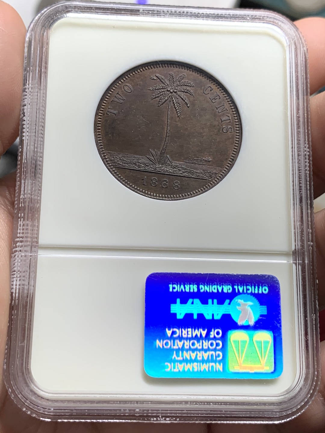 《竞宝斋》第66场-本周日，周一2场连拍（全场不限金额包邮） 亚军分 NGC-PF64 法属利比亚 1868E 2分 样币 老盒 银座21年11月不含手续费440刀