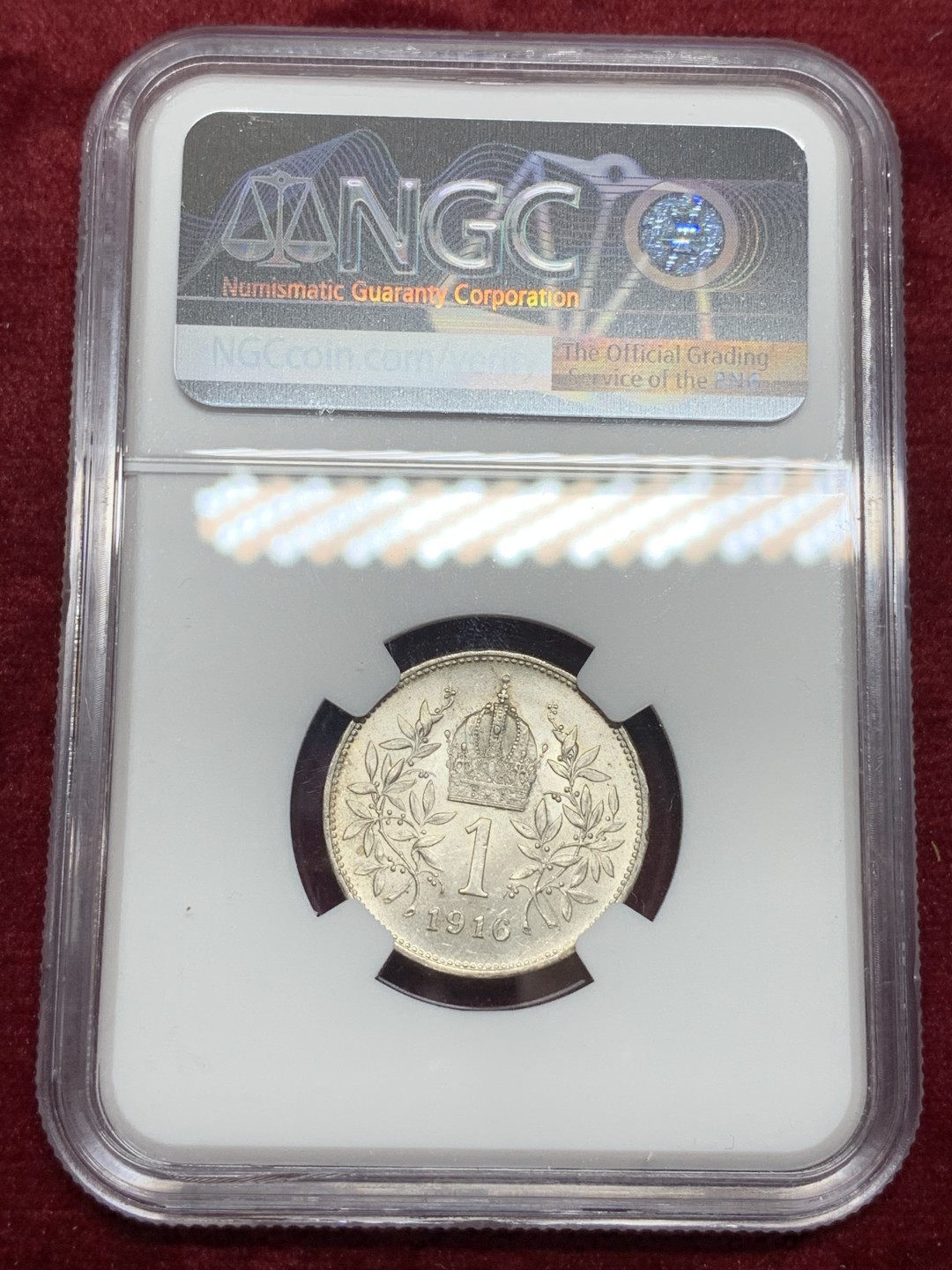 《竞宝斋》第66场-本周日，周一2场连拍（全场不限金额包邮） NGC-MS64 奥地利 1916年 佛兰茨一世 1克朗 银币 五彩带光 顶级品相