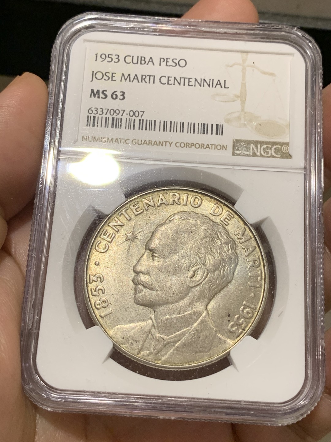 《竞宝斋》第66场-本周日，周一2场连拍（全场不限金额包邮） NGC-MS63 古巴 1953年 马丁1比索 原光好品大银币 一般见到都是满脸麻子的 这枚难得